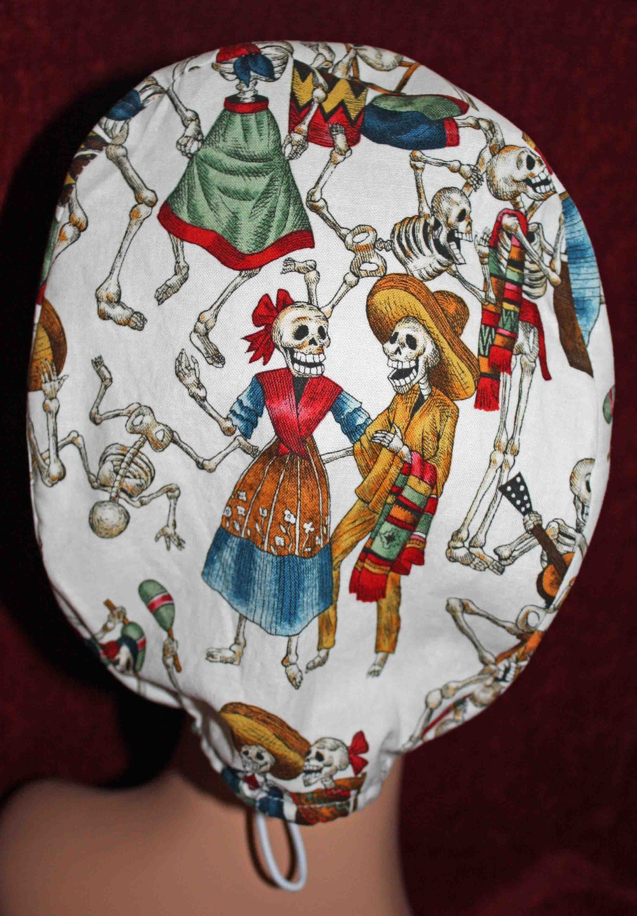 Handmade Skeleton Party in Cream Fabric Scrub Cap