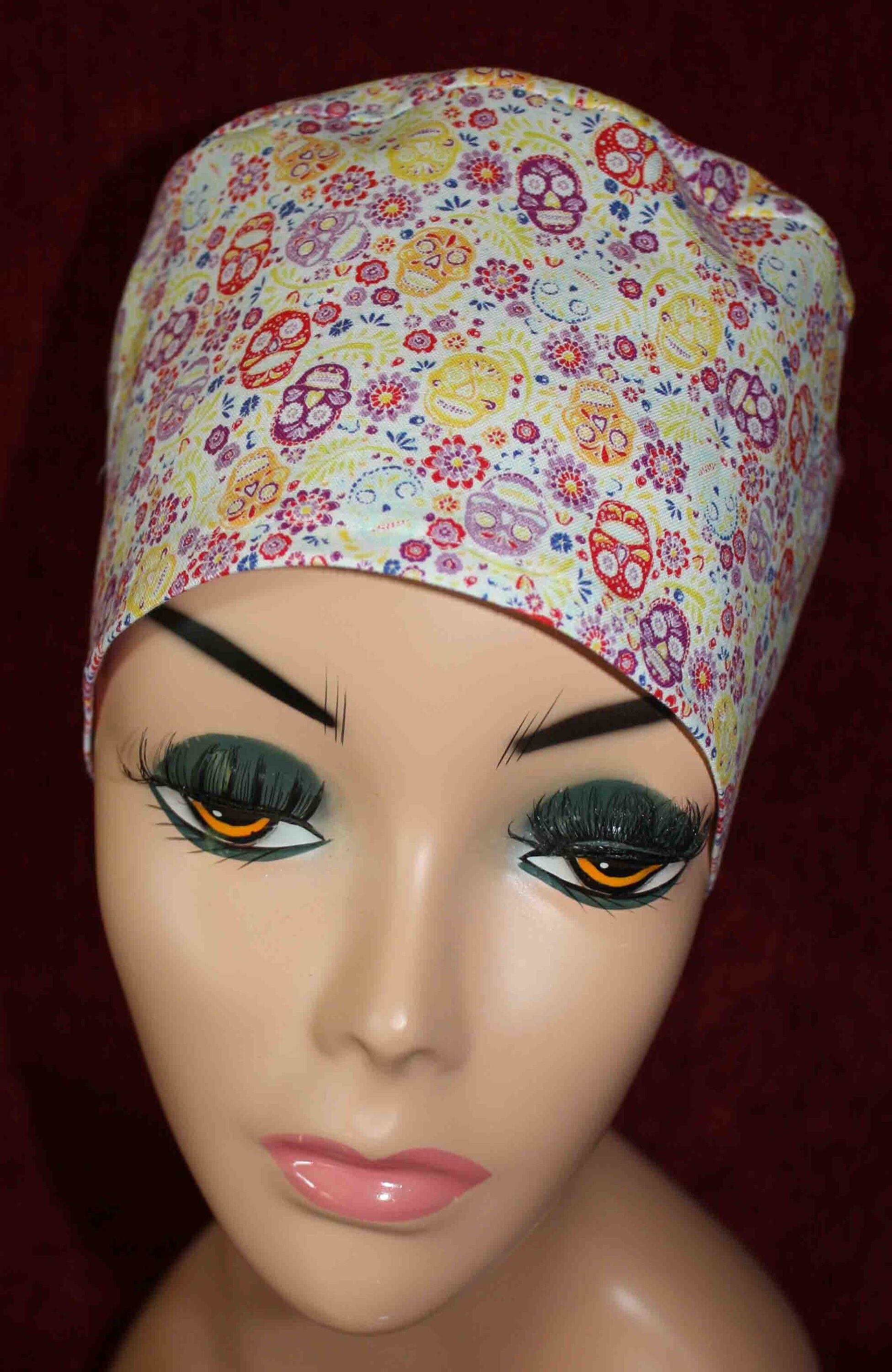Handmade Colorful Flowers and Skulls in Cream Fabric Scrub Cap