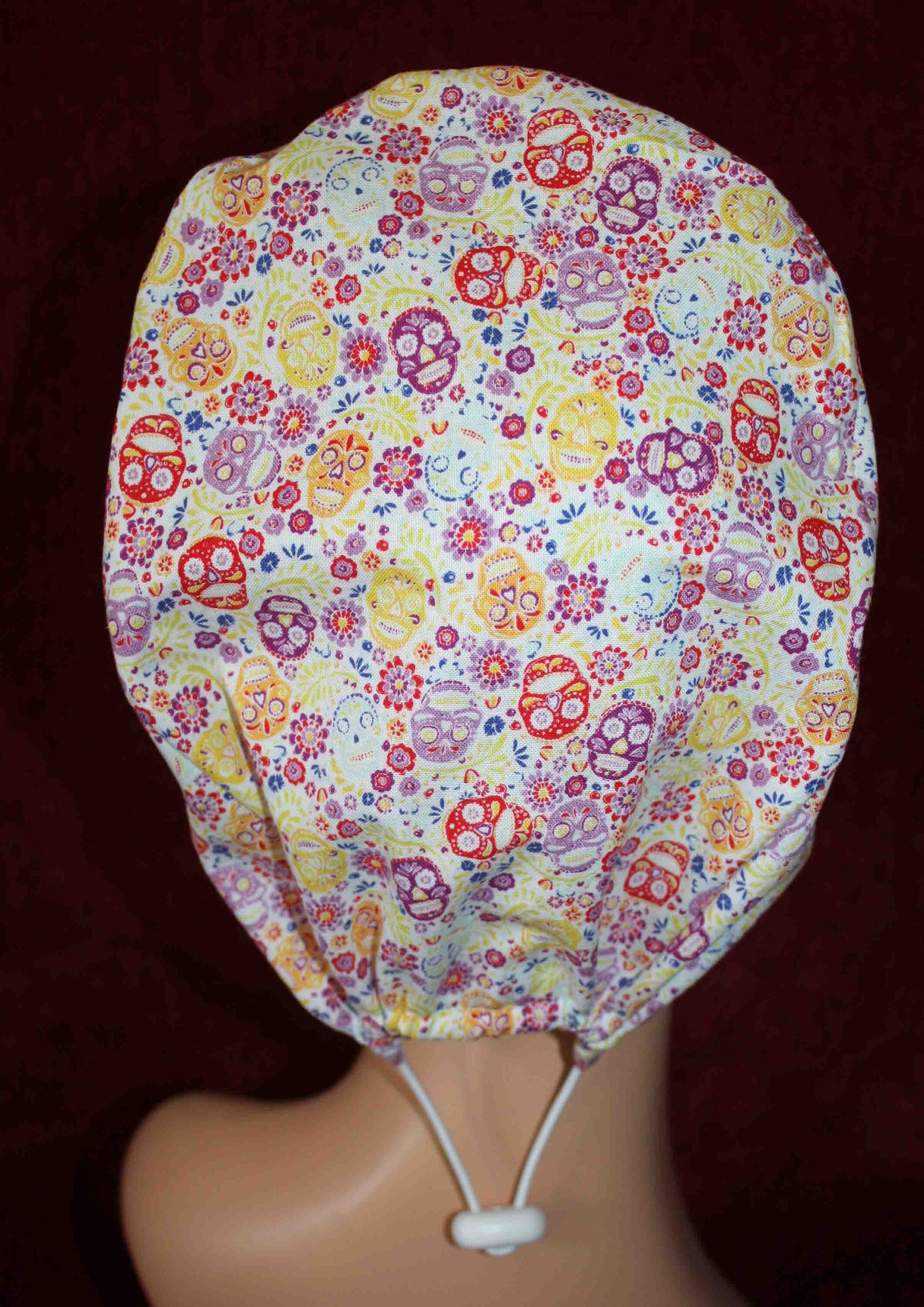 Handmade Colorful Flowers and Skulls in Cream Fabric Scrub Cap