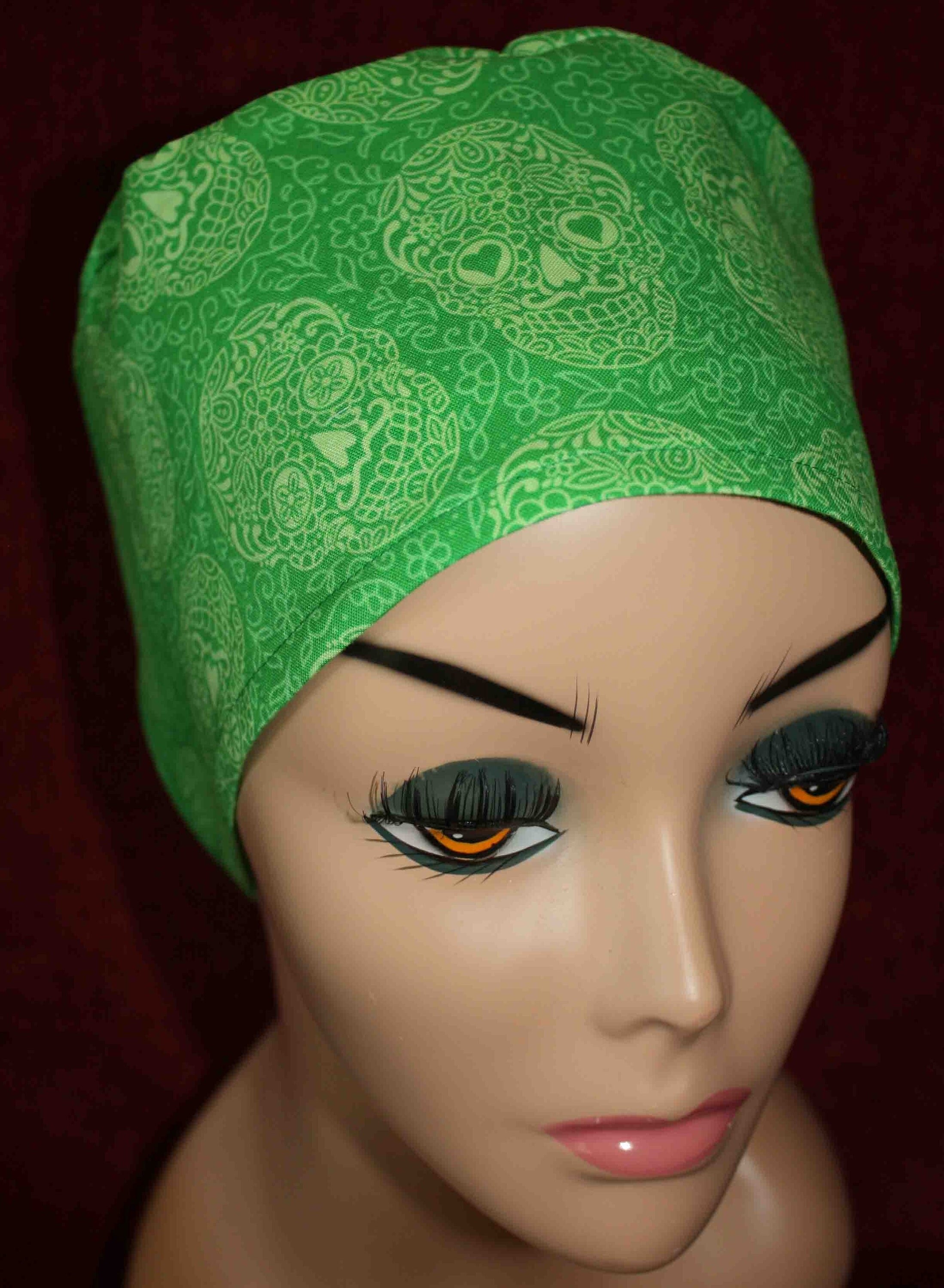 Handmade Green with White Sugar Skulls Surgical/Scrub Cap