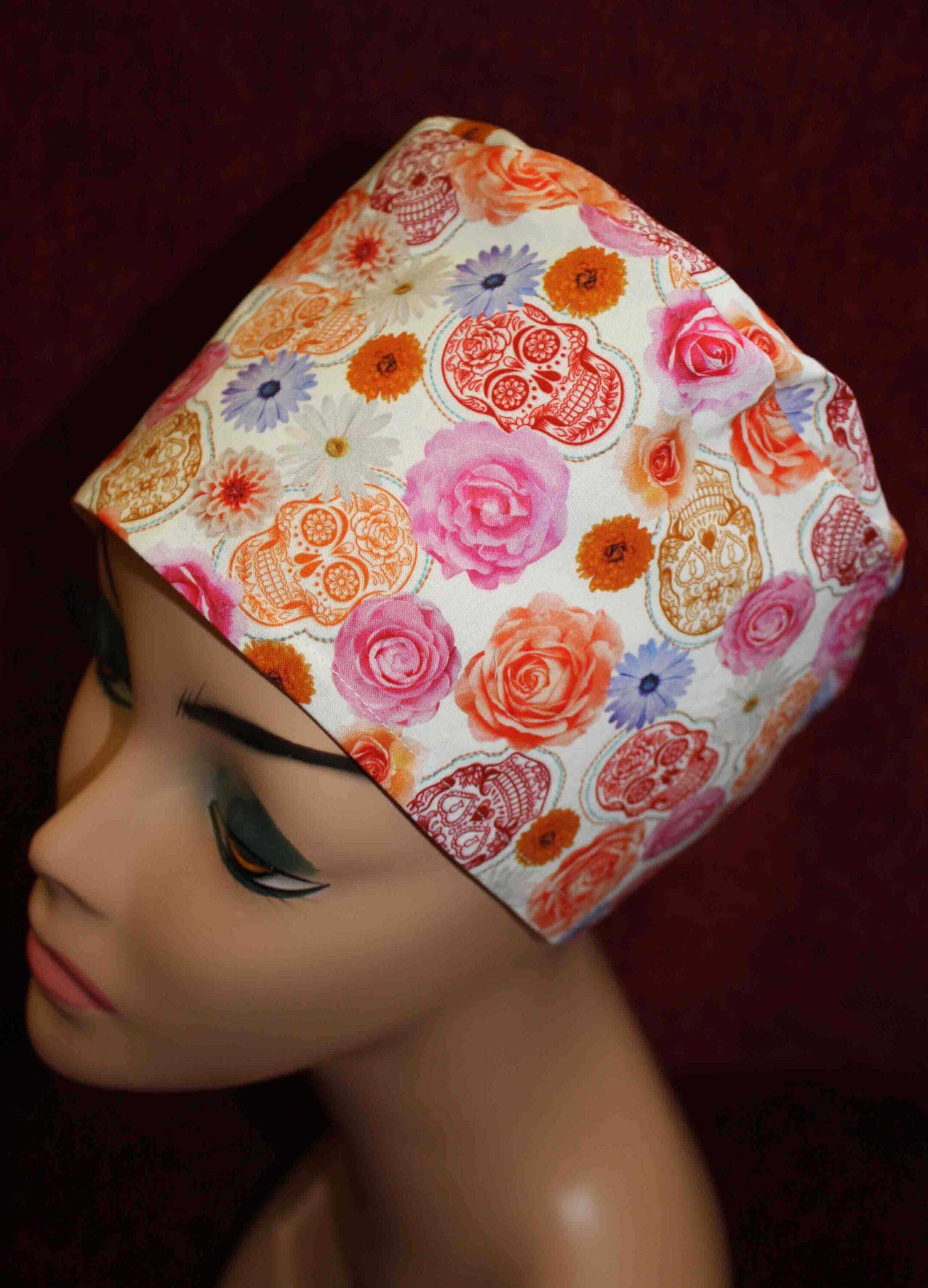 Handmade White Fabric with Flowers and Small Skulls Scrub Cap