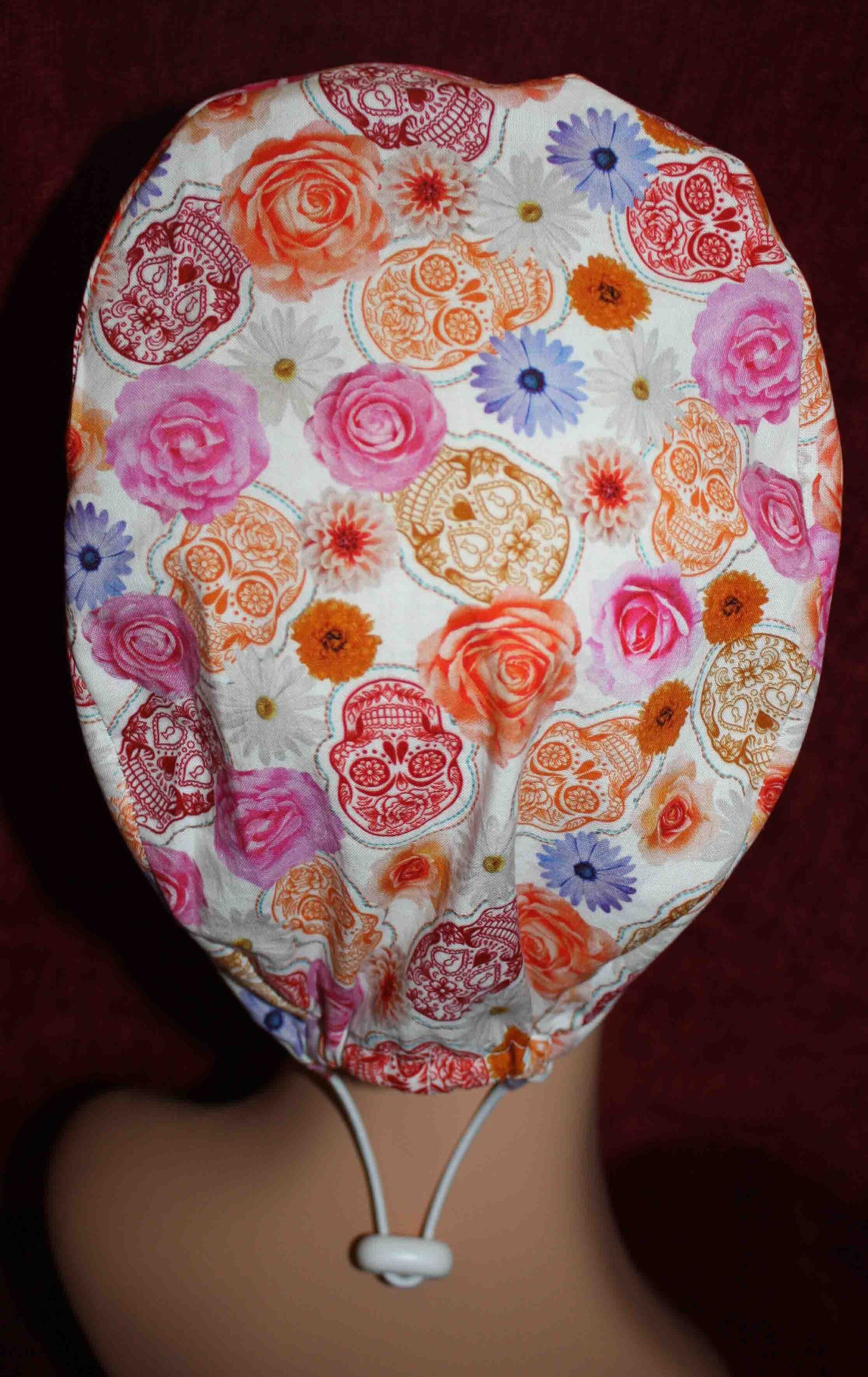 Handmade White Fabric with Flowers and Small Skulls Scrub Cap