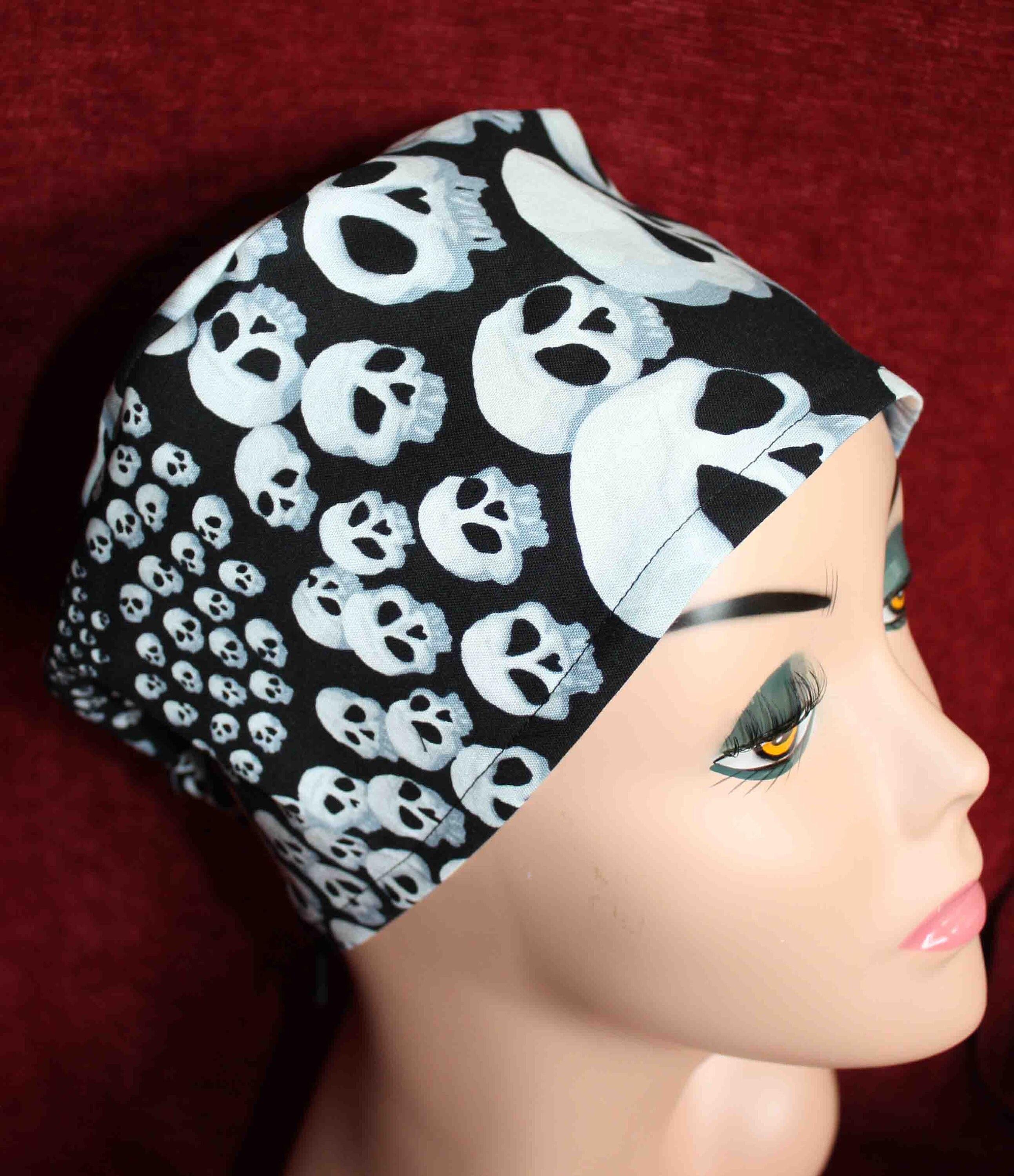 Handmade Black Fabric with White Varying Sized Skulls Surgical/Scrub Cap