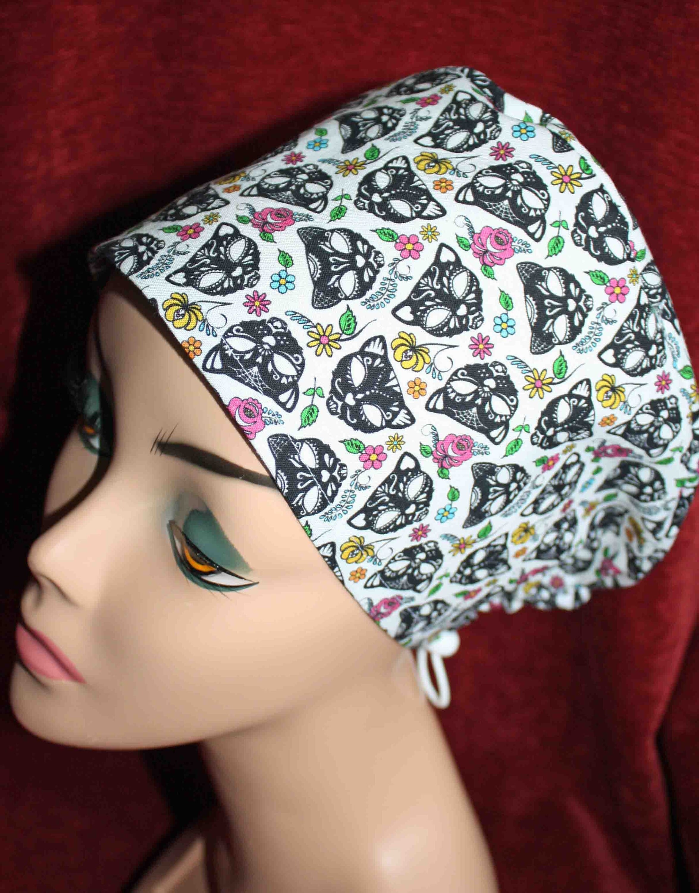 Handmade White Small Cat Faces Surgical/Scrub Cap