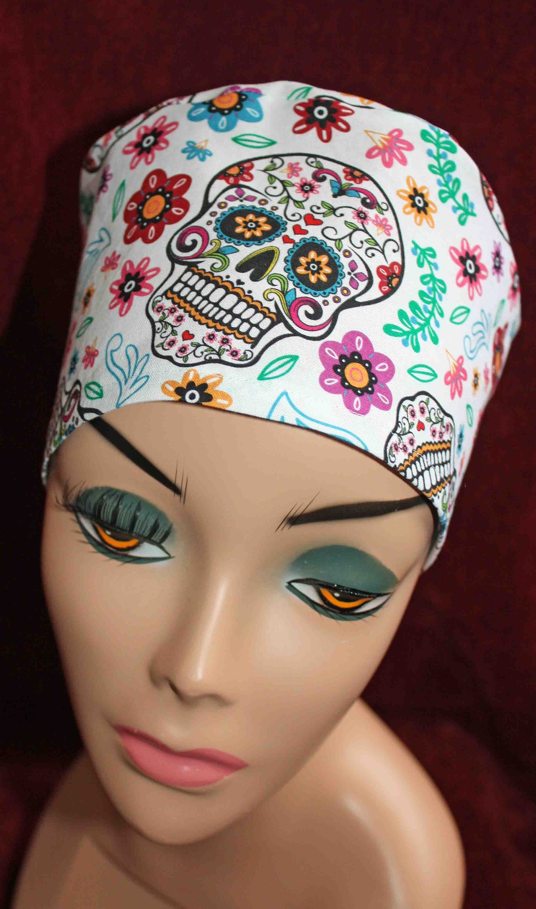 Handmade White and Floral Sugar Skull Surgical/Scrub Cap