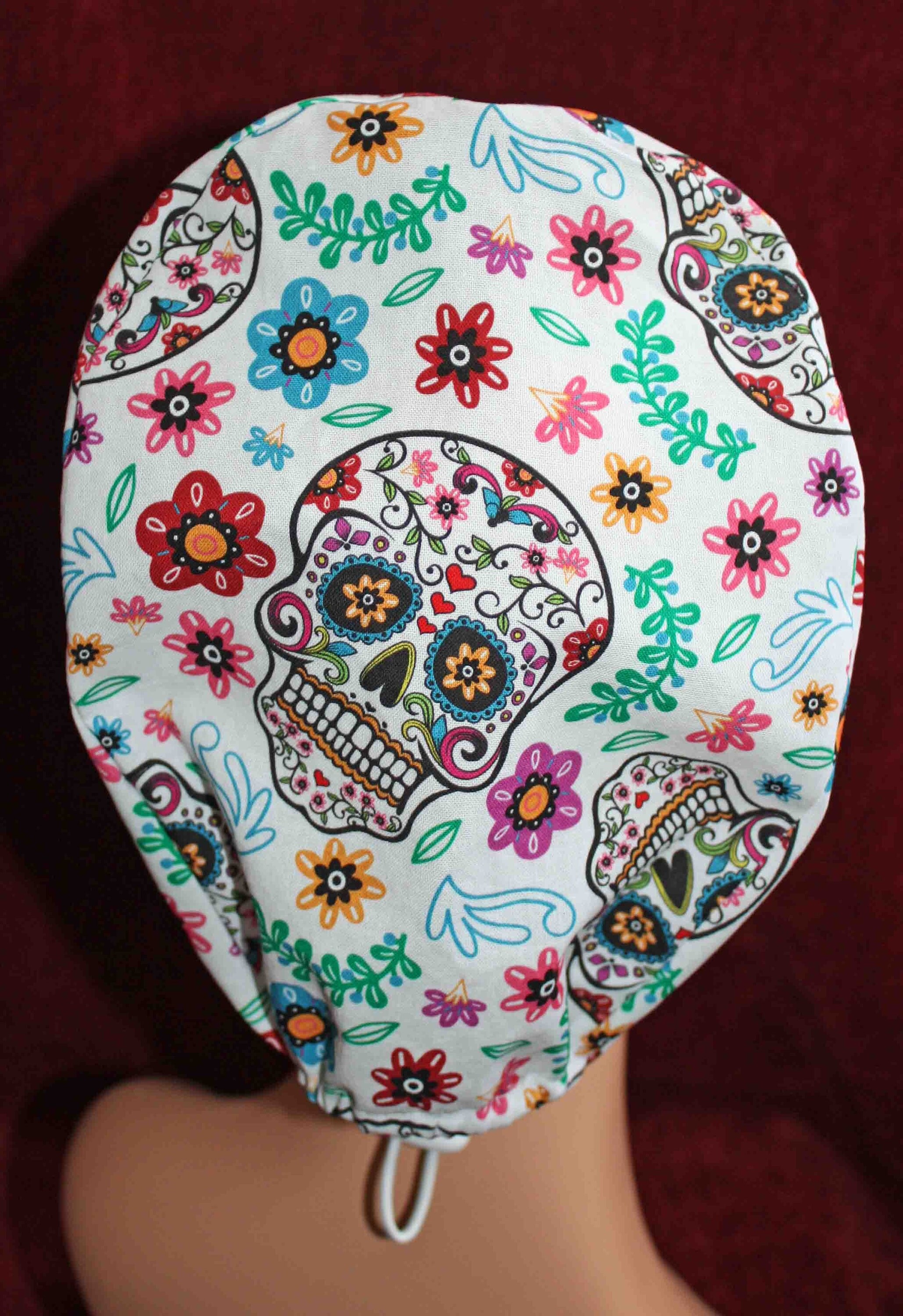 Handmade White and Floral Sugar Skull Surgical/Scrub Cap