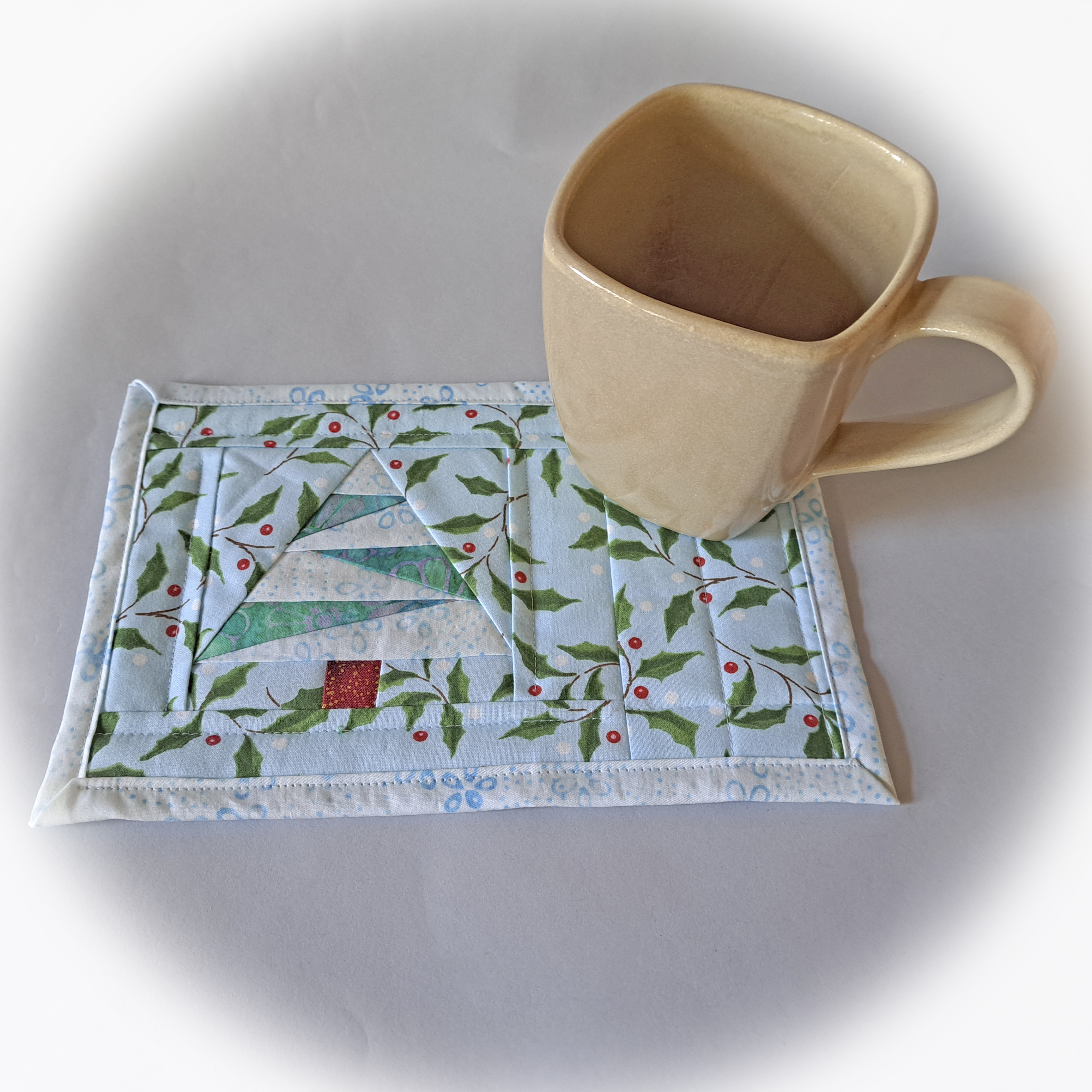 Handmade Fabric Quilted Mug Rug - Blue Holly Christmas Tree - Single