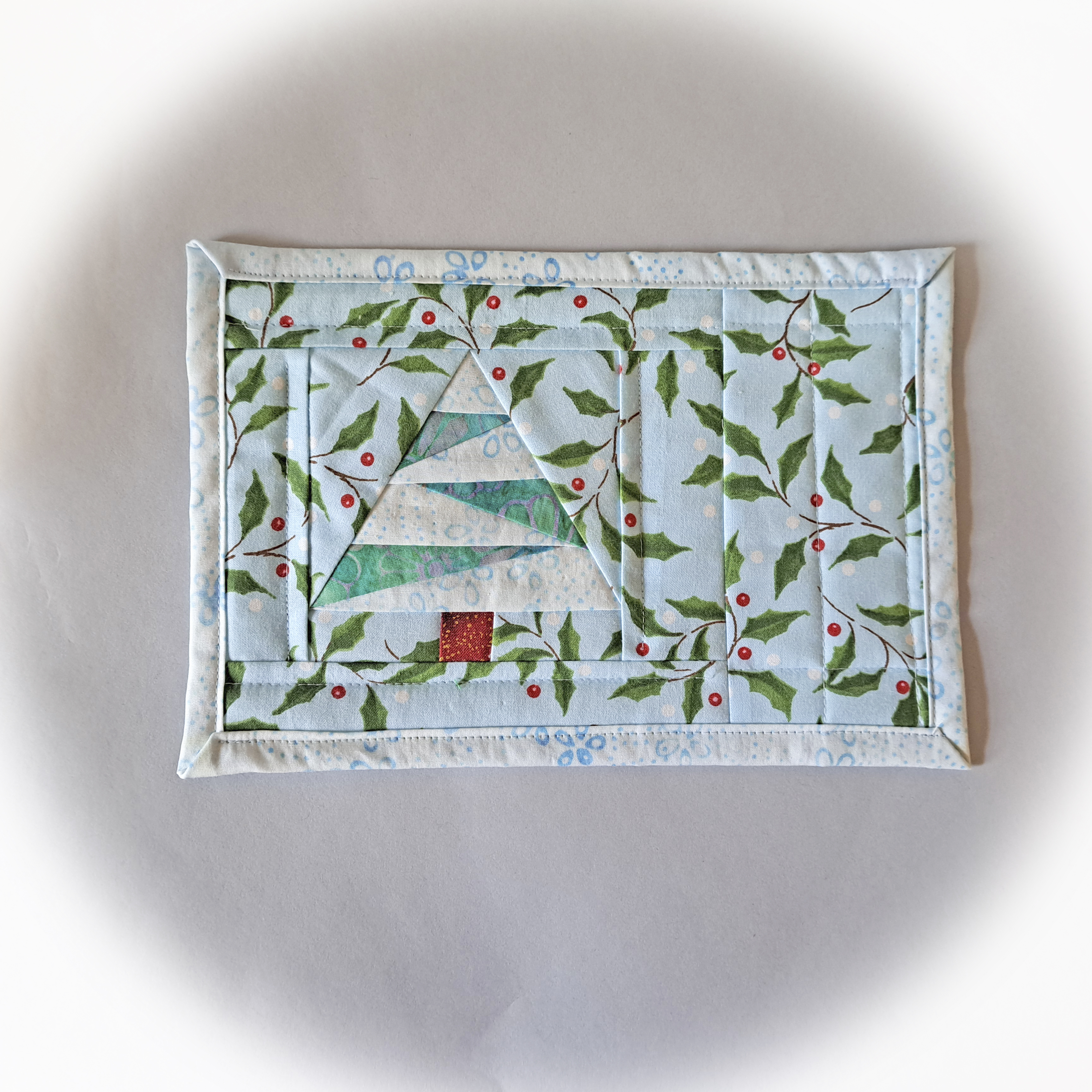 Handmade Fabric Quilted Mug Rug - Blue Holly Christmas Tree - Single