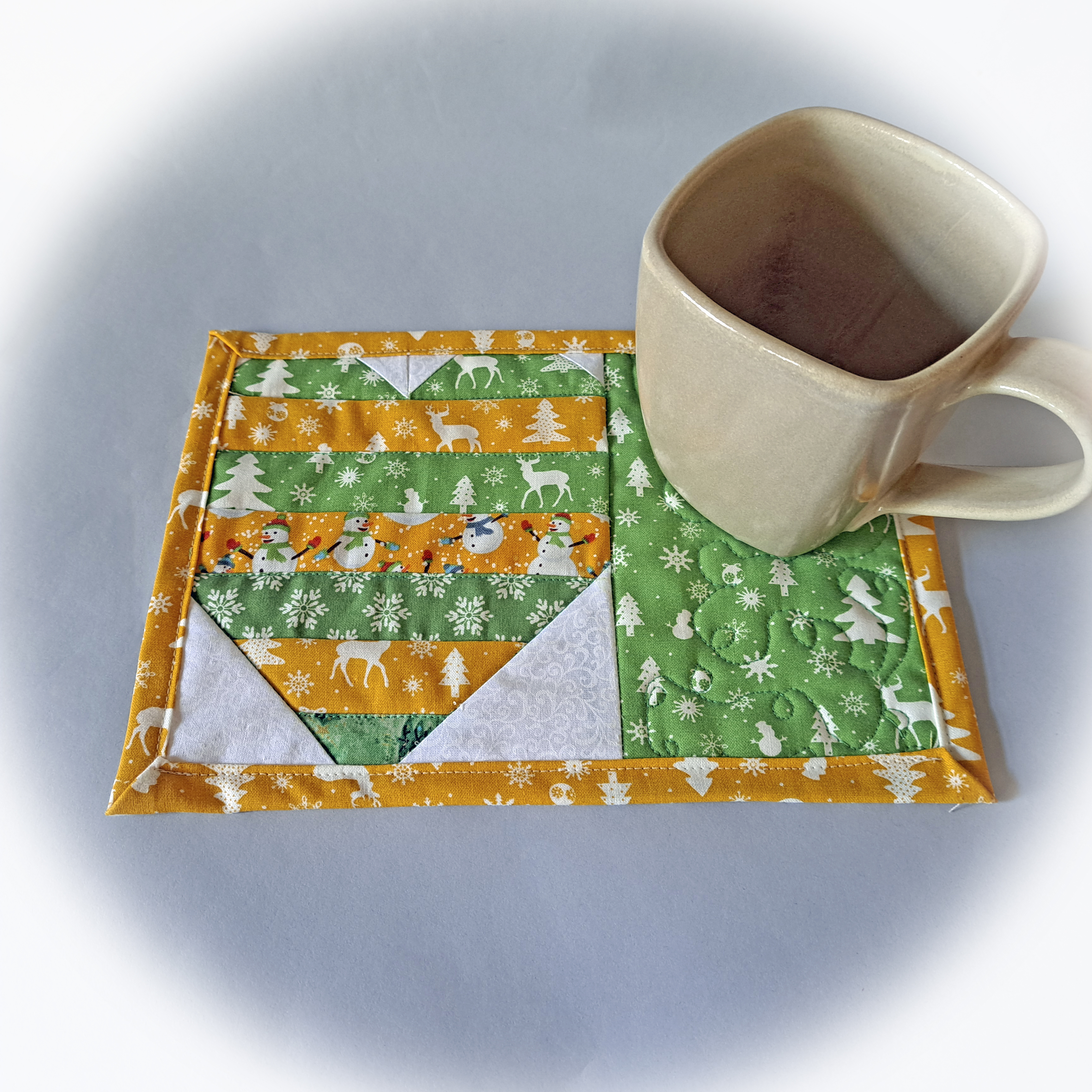 Handmade Fabric Quilted Mug Rug - Green and Gold Heart - Single