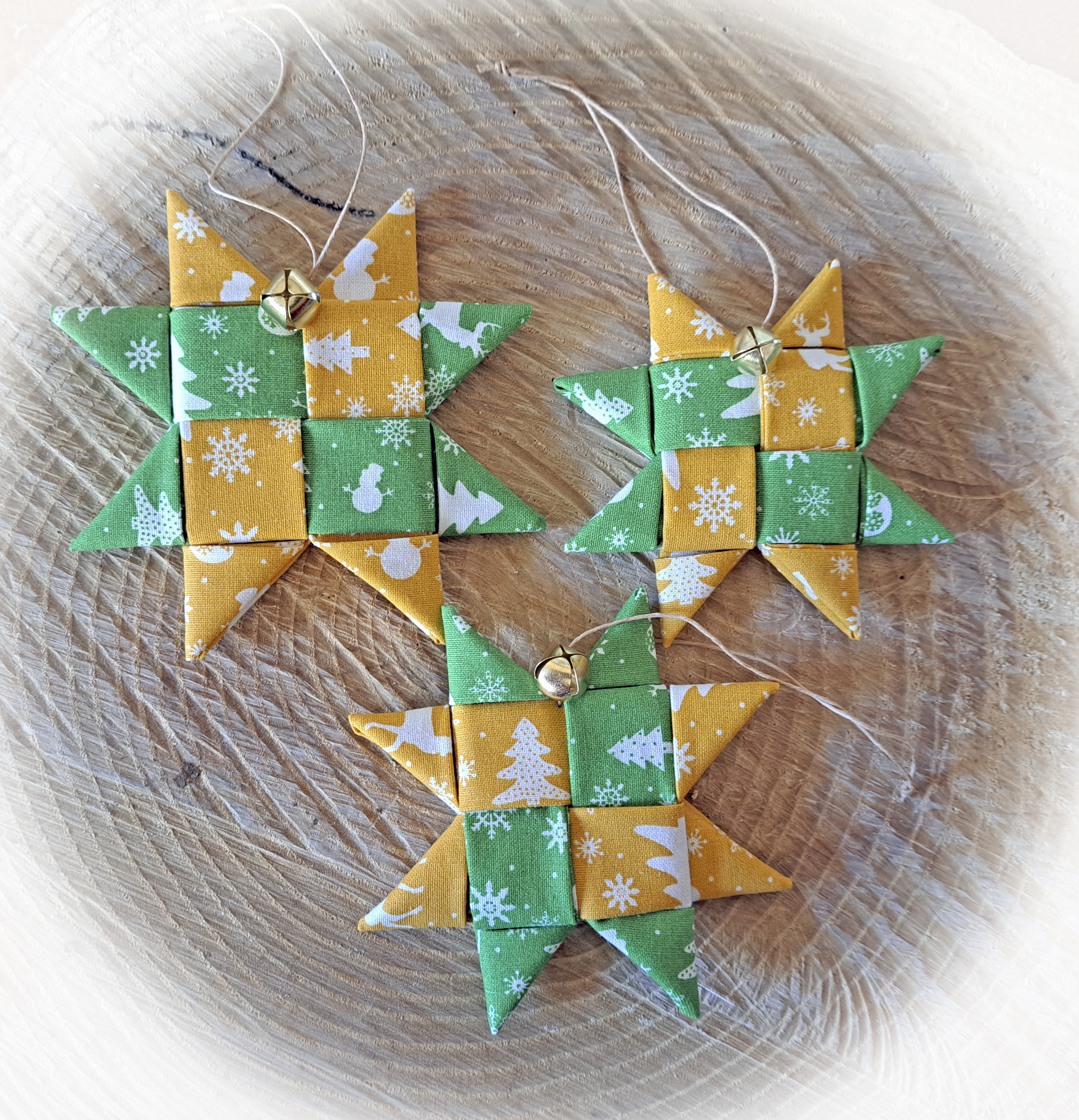 Handmade Scandinavian Fabric Star Ornaments in Green and Gold - Single or Set