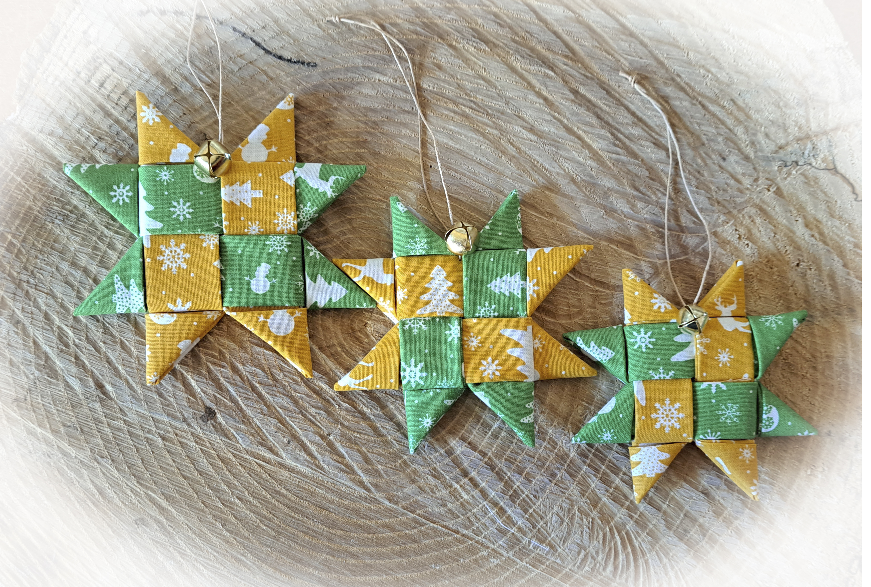 Handmade Scandinavian Fabric Star Ornaments in Green and Gold - Single or Set
