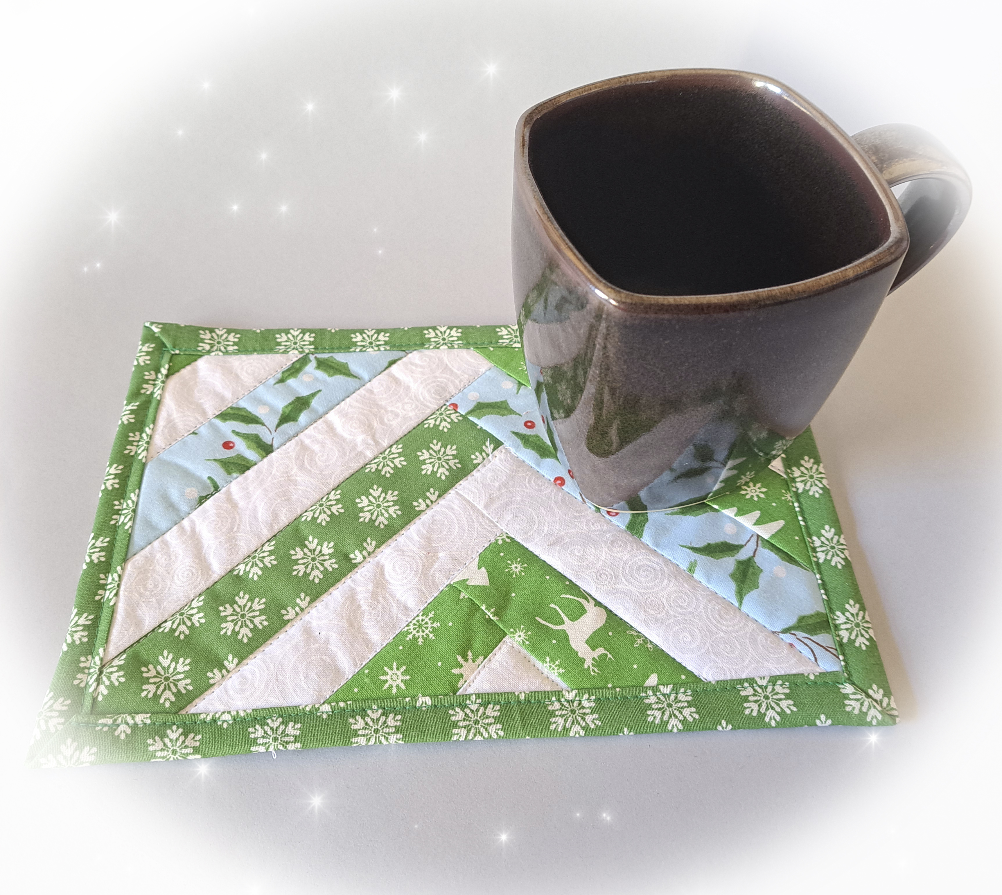 Handmade Fabric Quilted Holiday Mug Rugs - Green and White with Blue Holly Braid Design - Set of 2