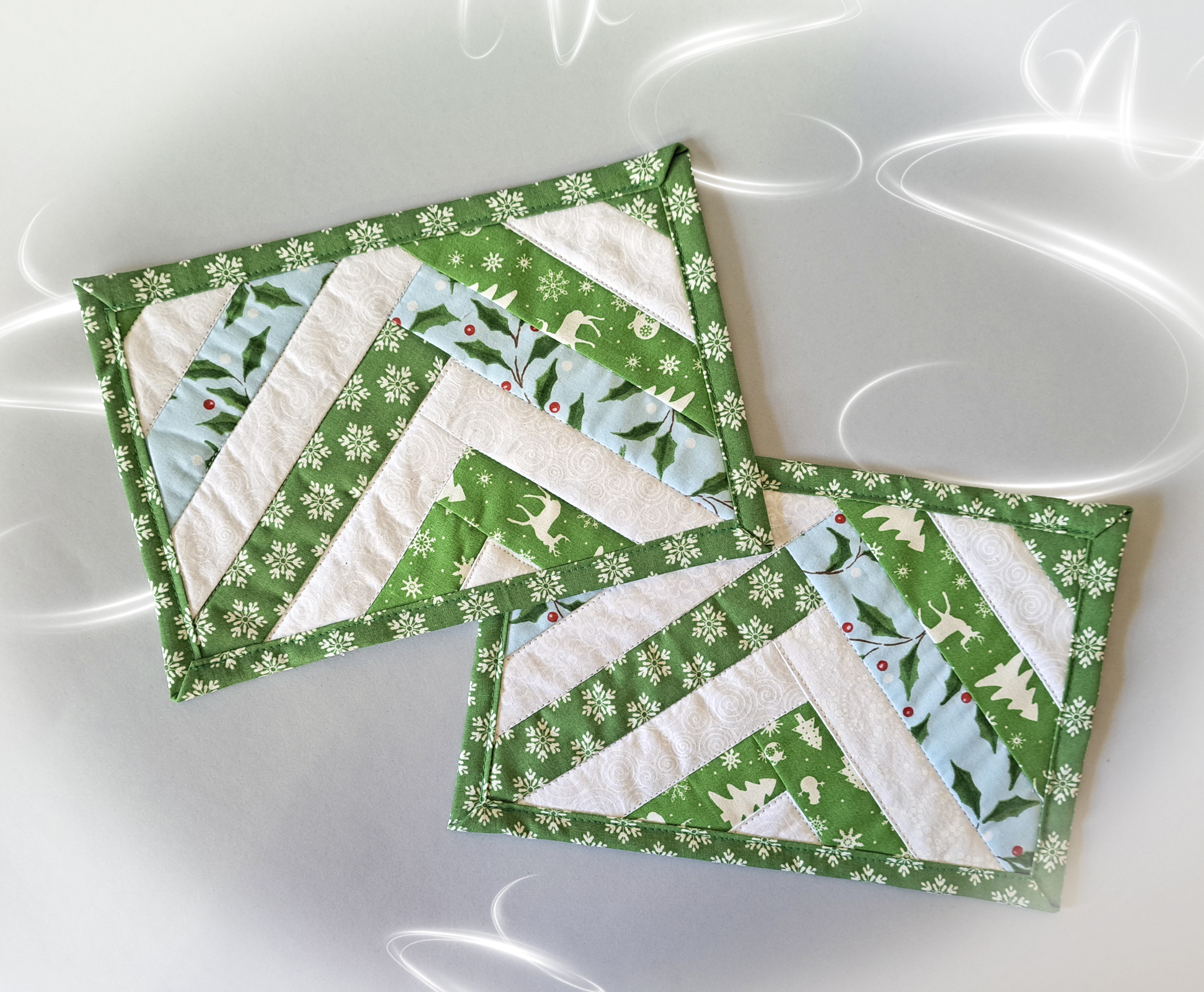 Handmade Fabric Quilted Holiday Mug Rugs - Green and White with Blue Holly Braid Design - Set of 2