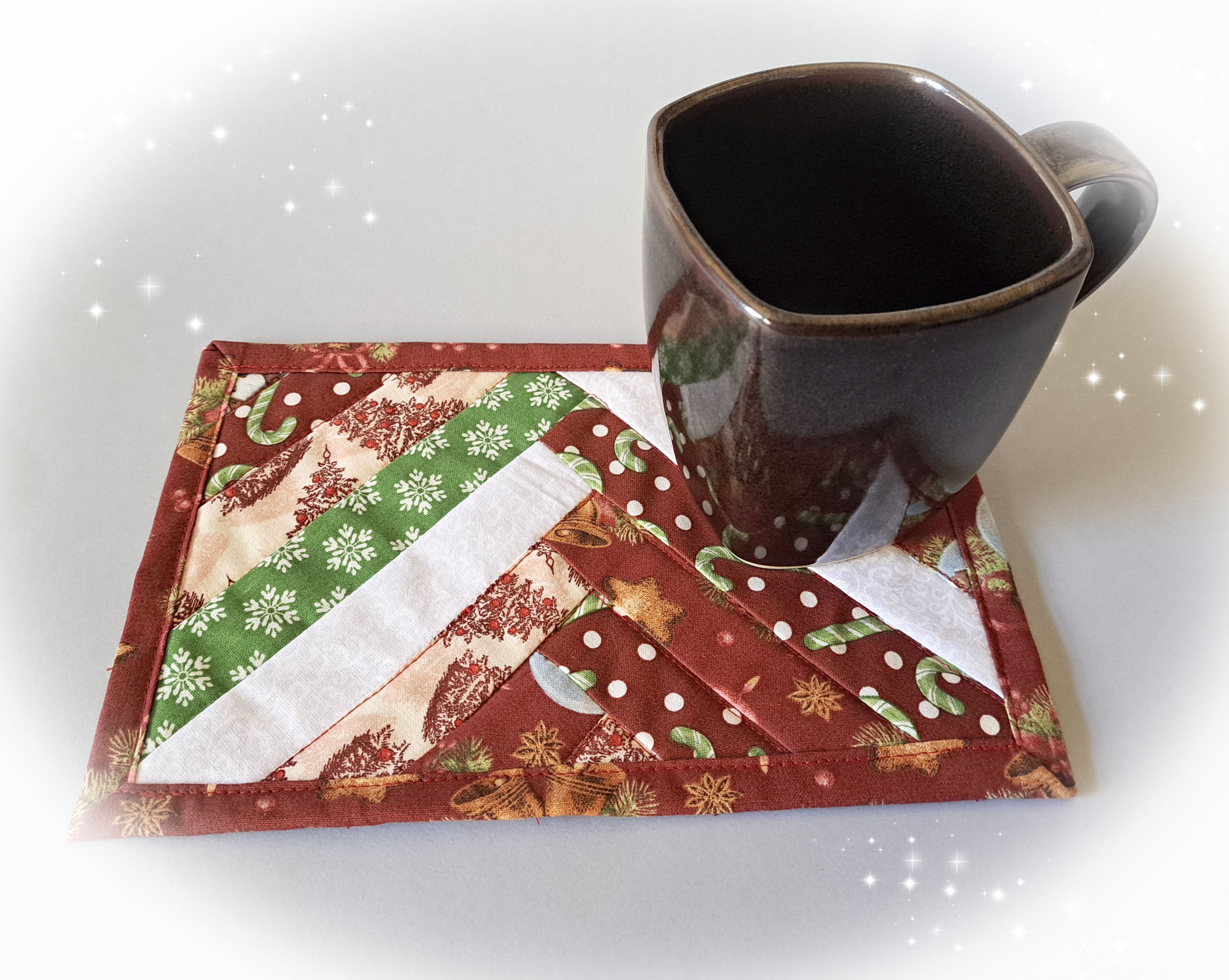 Handmade Fabric Quilted Holiday Mug Rugs - Red and White with Green Snowflake Pattern Fabric - Braid Design - Set of 2