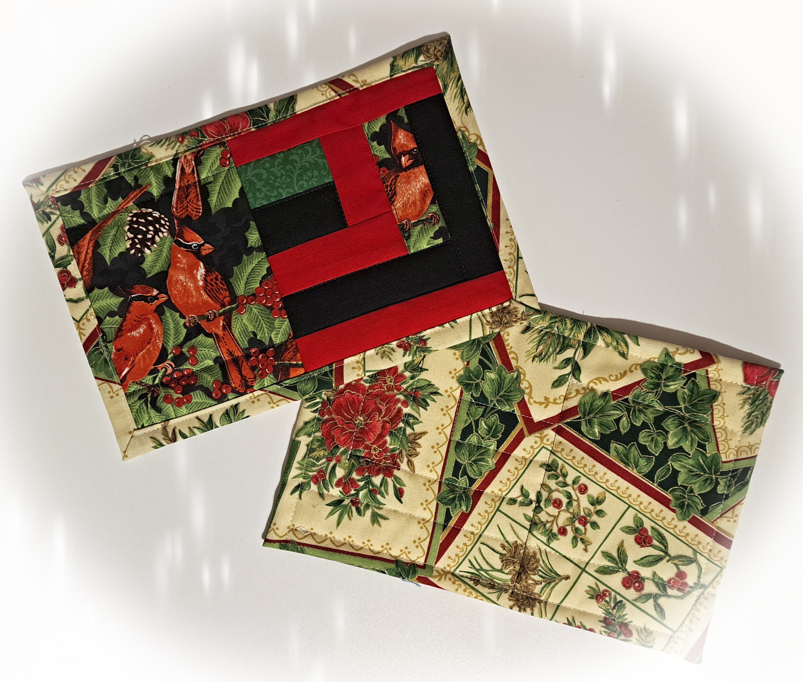 Handcrafted Fabric Quilted Mug Rugs - Winter Cardinals - Set of 2