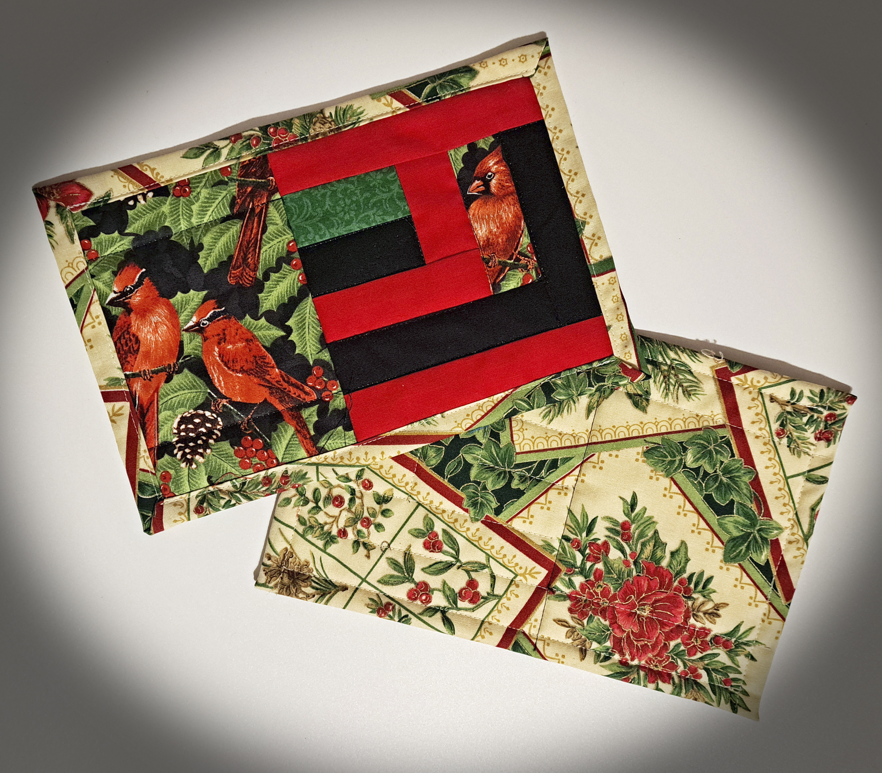 Handcrafted Fabric Quilted Mug Rugs - Winter Cardinals - Set of 2