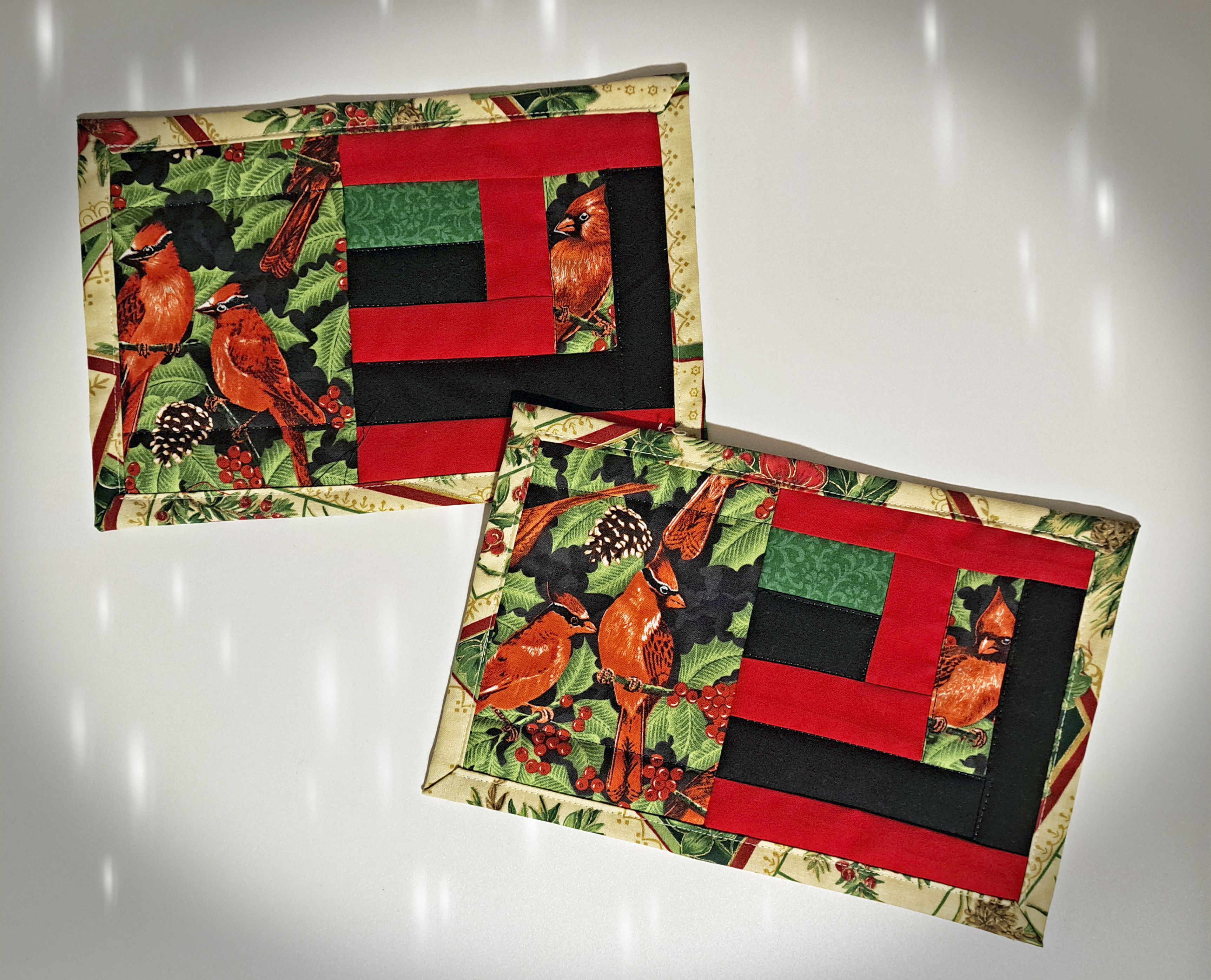 Handcrafted Fabric Quilted Mug Rugs - Winter Cardinals - Set of 2