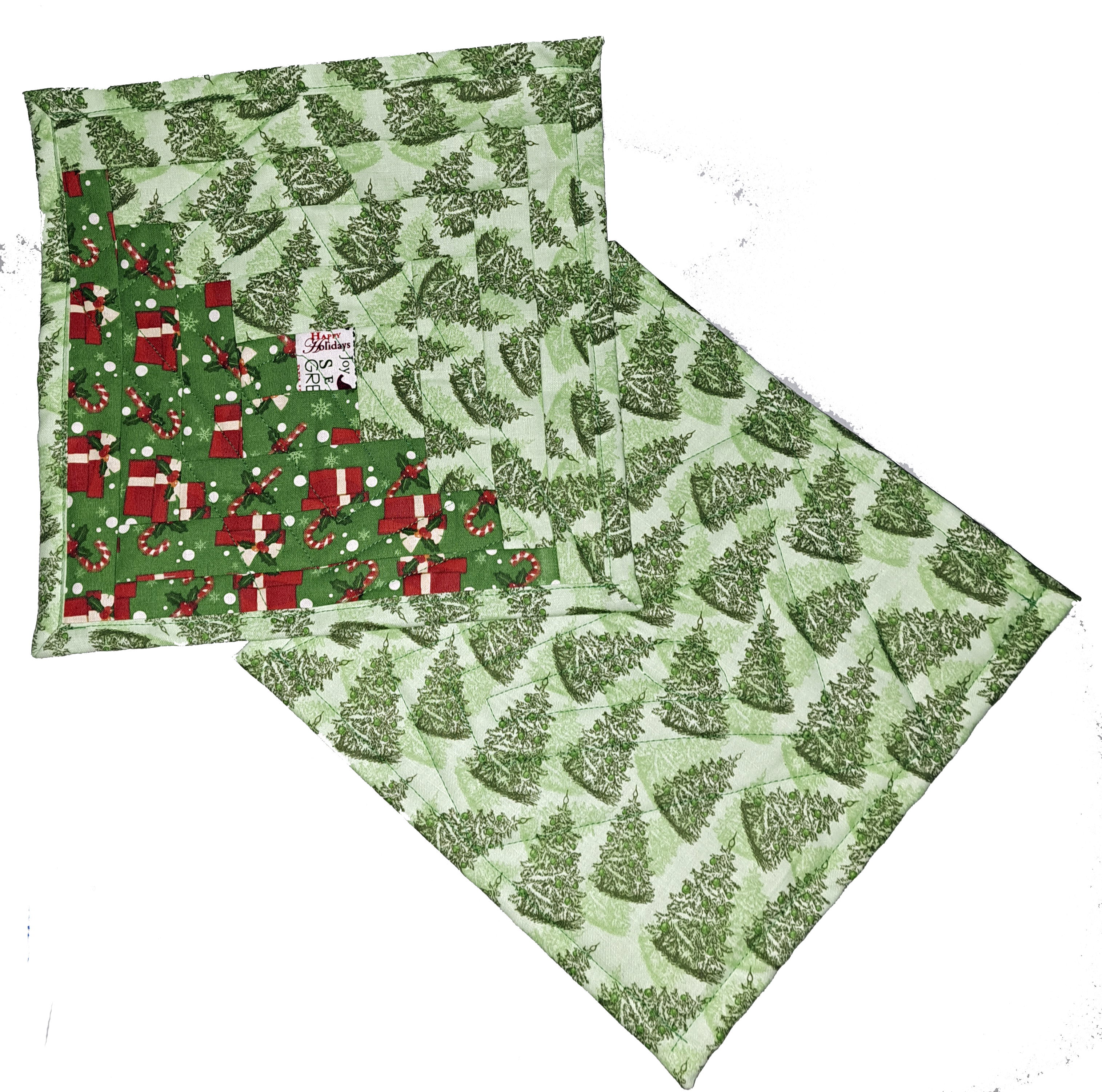 Handmade Fabric Quilted Mug Rug - Green Christmas Trees and Gifts Fabric - Set of 2