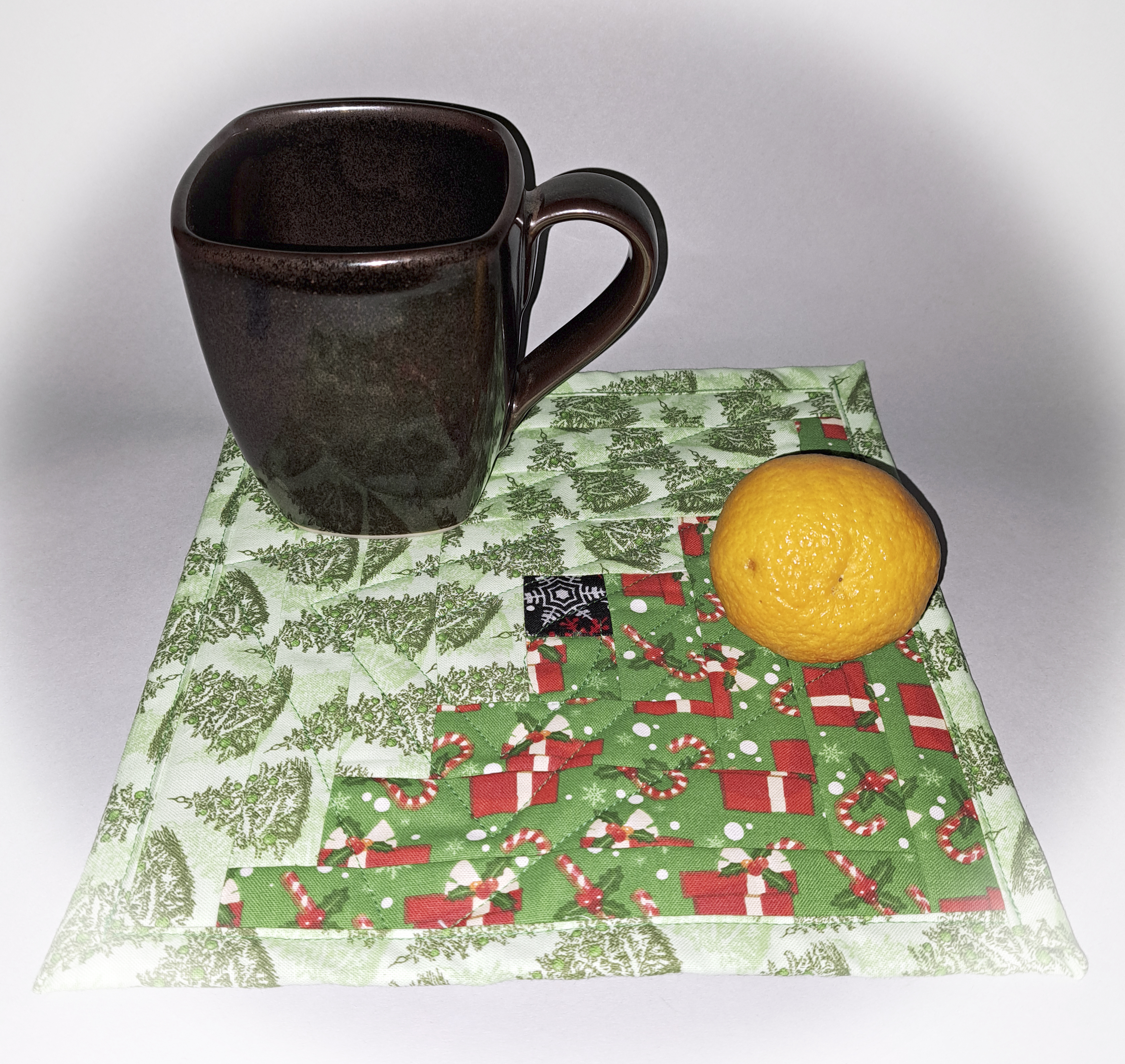 Handmade Fabric Quilted Mug Rug - Green Christmas Trees and Gifts Fabric - Set of 2