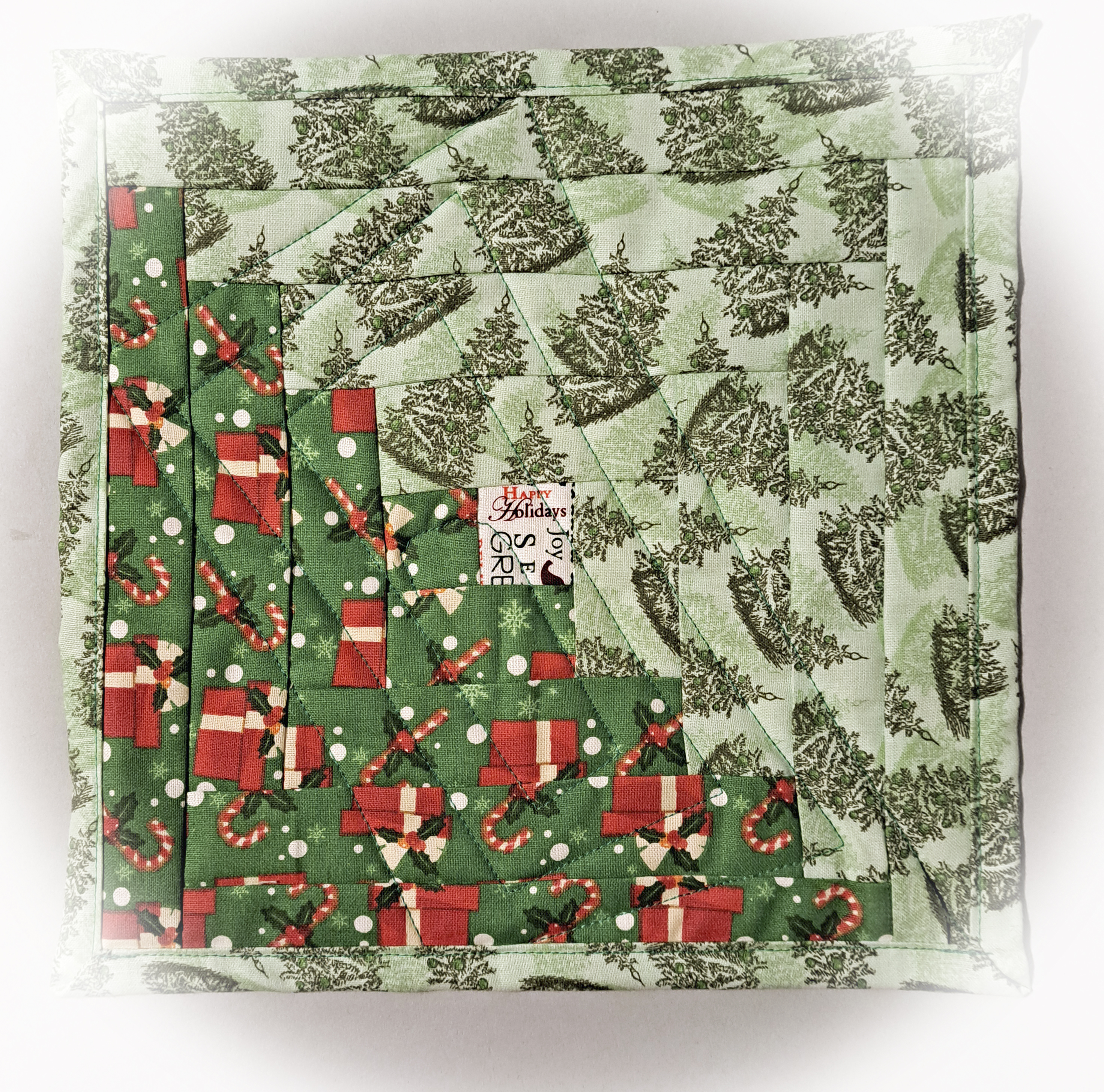 Handmade Fabric Quilted Mug Rug - Green Christmas Trees and Gifts Fabric - Set of 2