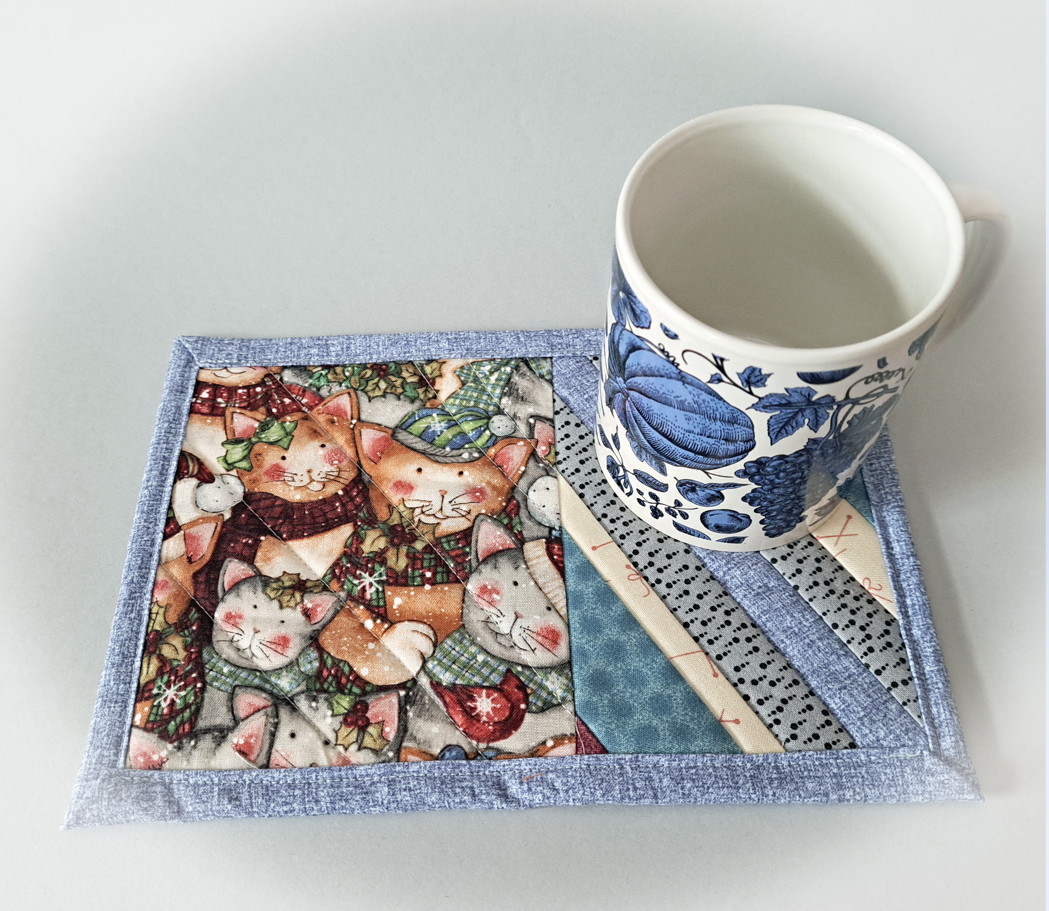 Handmade Fabric Quilted Mug Rug - Winter Cats - Set of 2