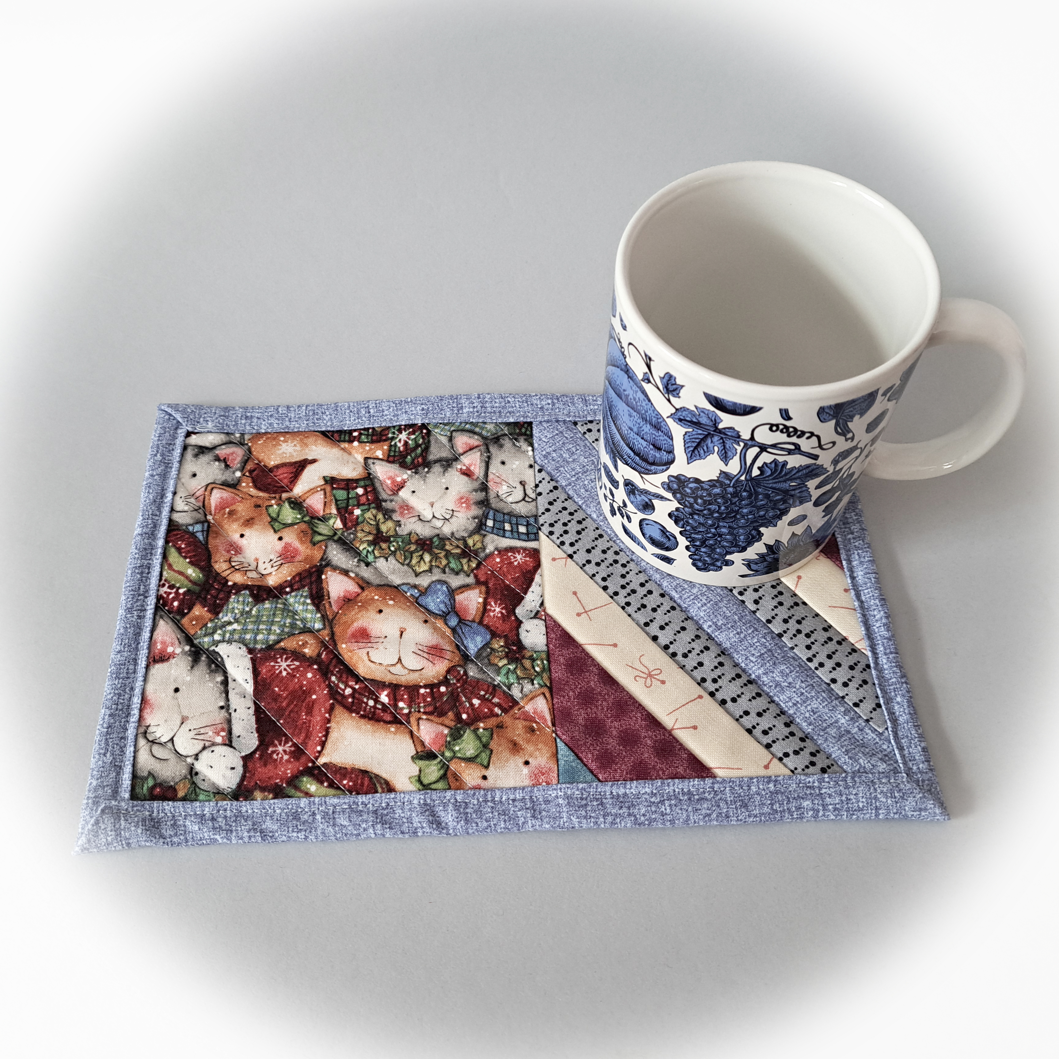 Handmade Fabric Quilted Mug Rug - Winter Cats - Set of 2