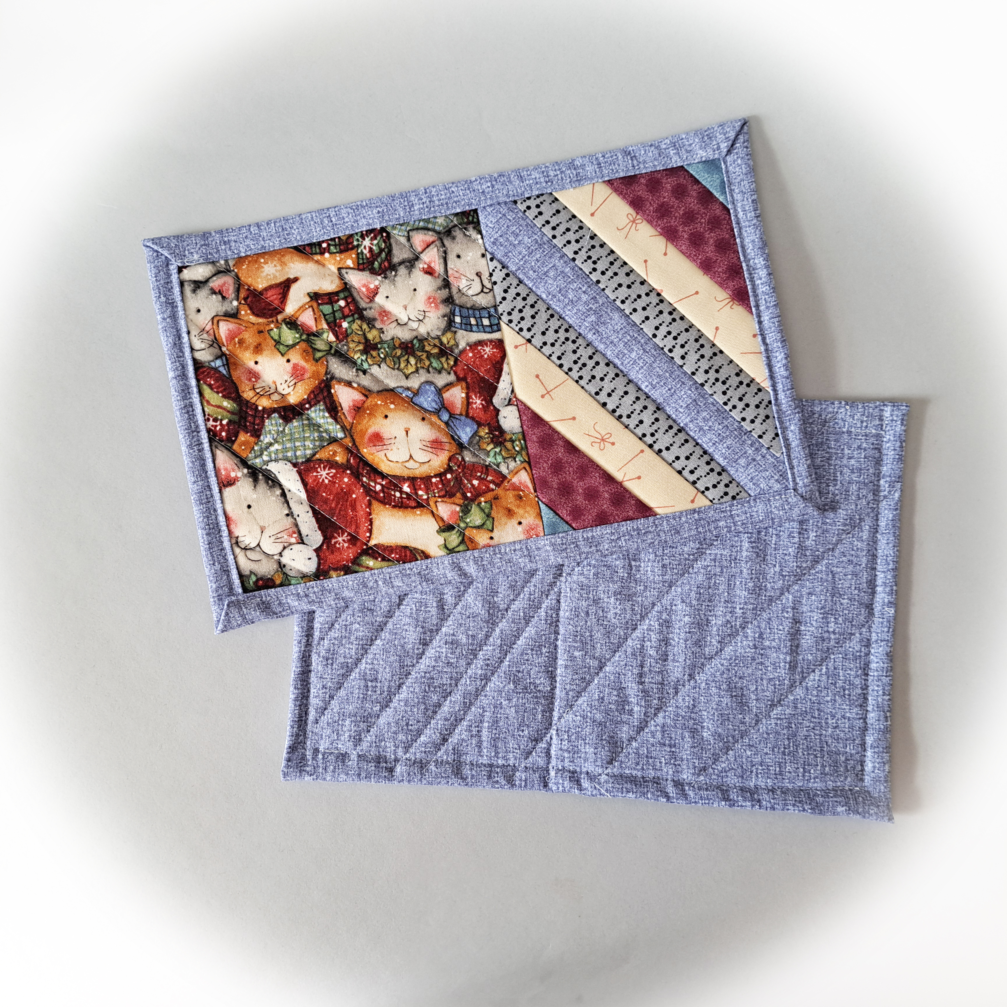 Handmade Fabric Quilted Mug Rug - Winter Cats - Set of 2