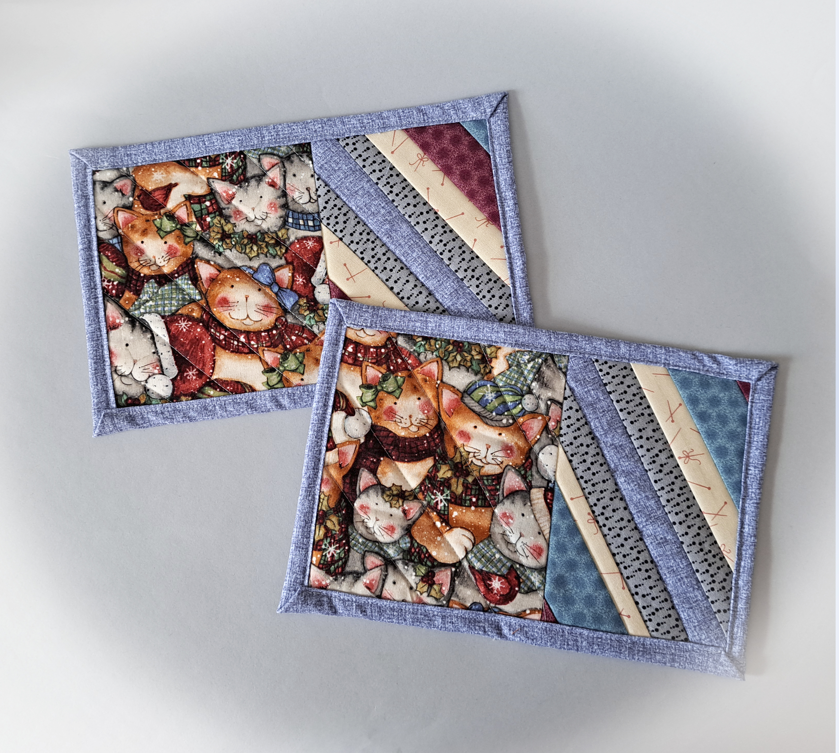 Handmade Fabric Quilted Mug Rug - Winter Cats - Set of 2