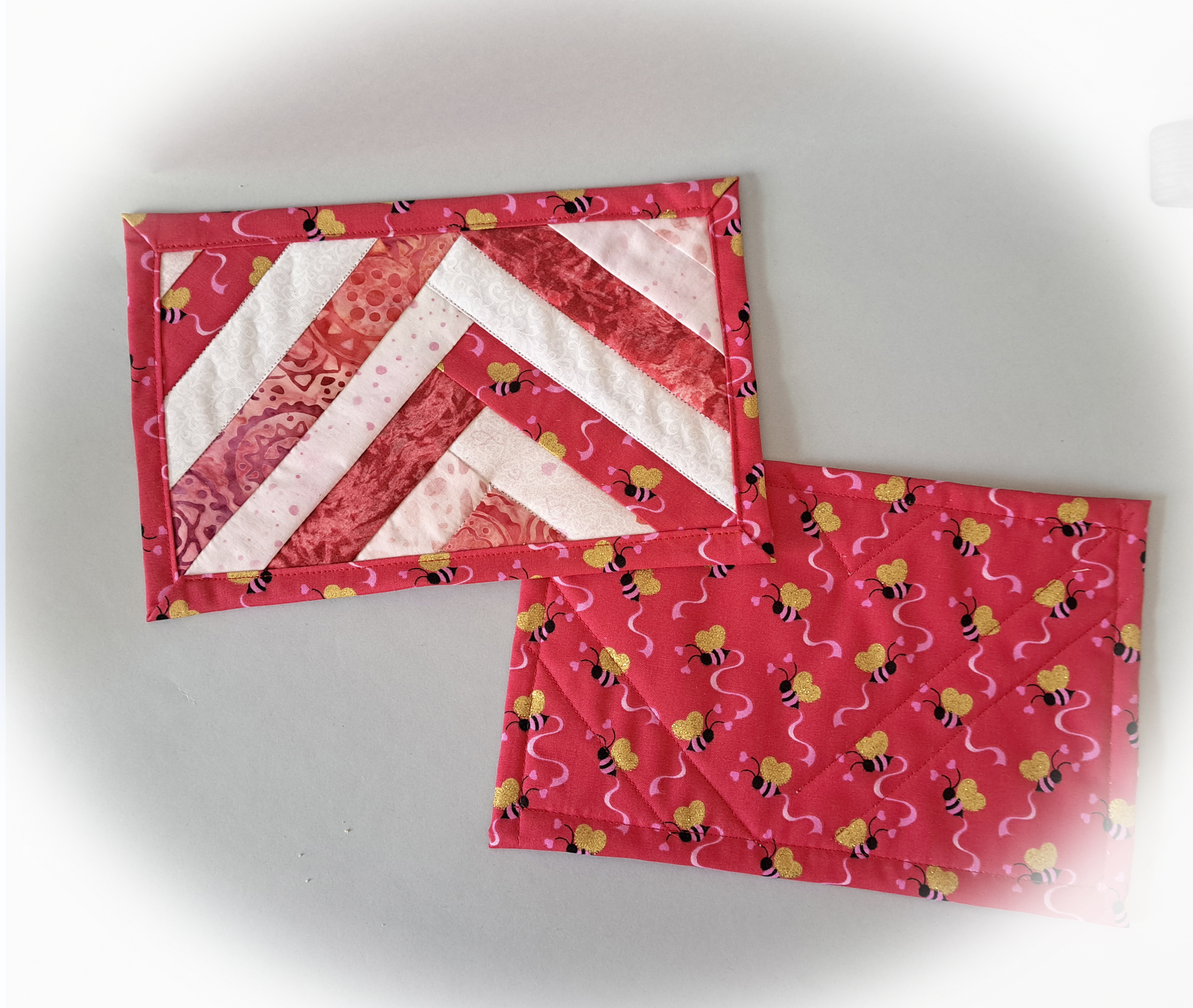 Handmade Chevron Design Quilted Mug Rugs (Bees with sparkling wings backing) - Set of 2