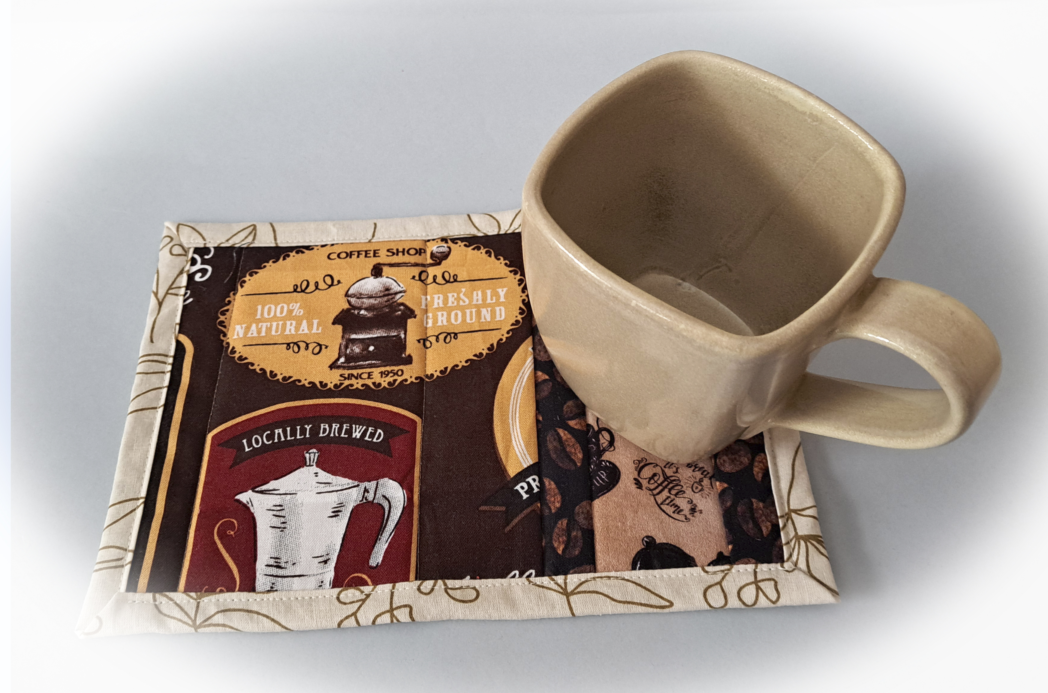 Handmade Quilted Fabric Coffee Shop Themed Mug Rugs - Set of 2