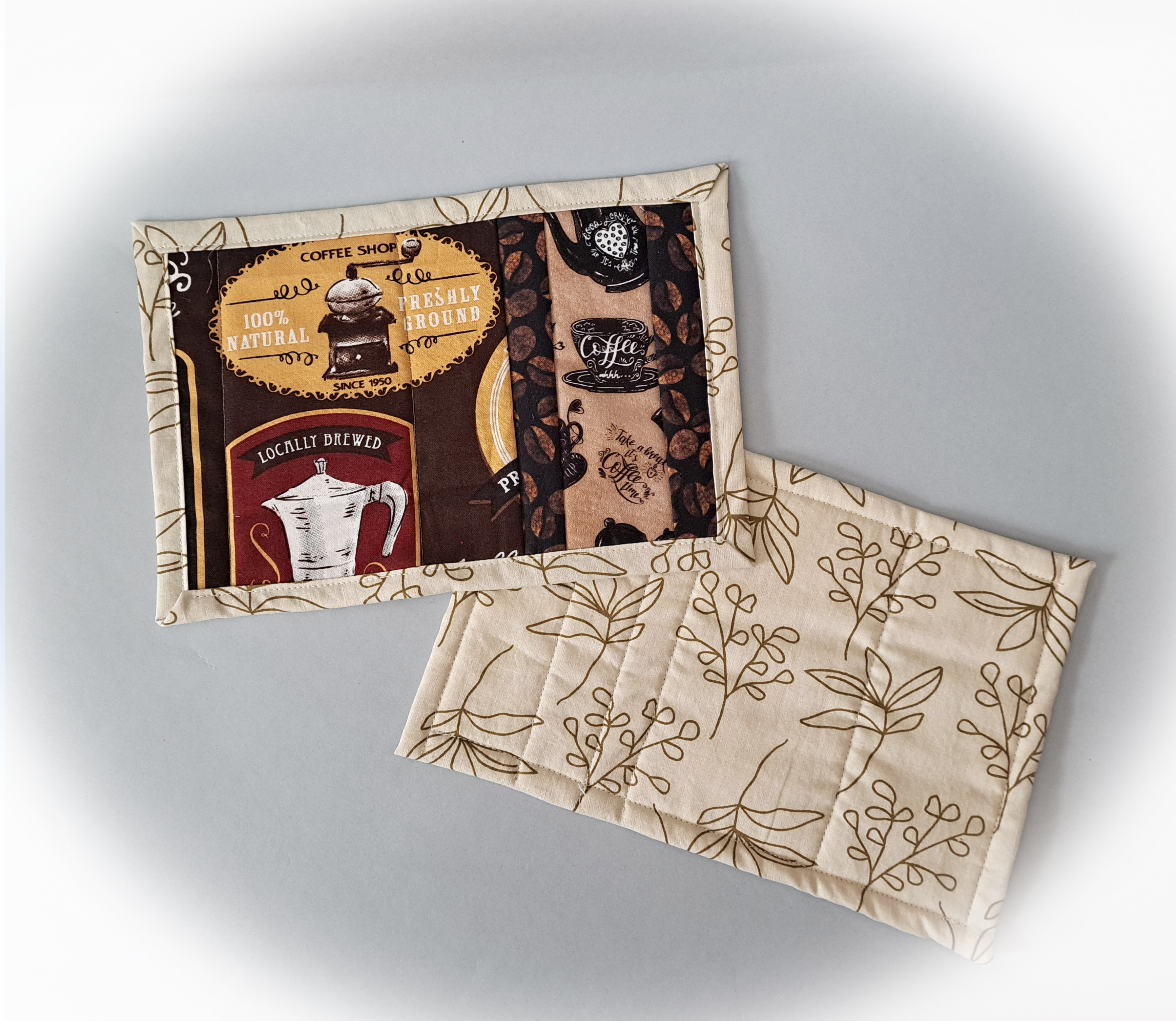 Handmade Quilted Fabric Coffee Shop Themed Mug Rugs - Set of 2