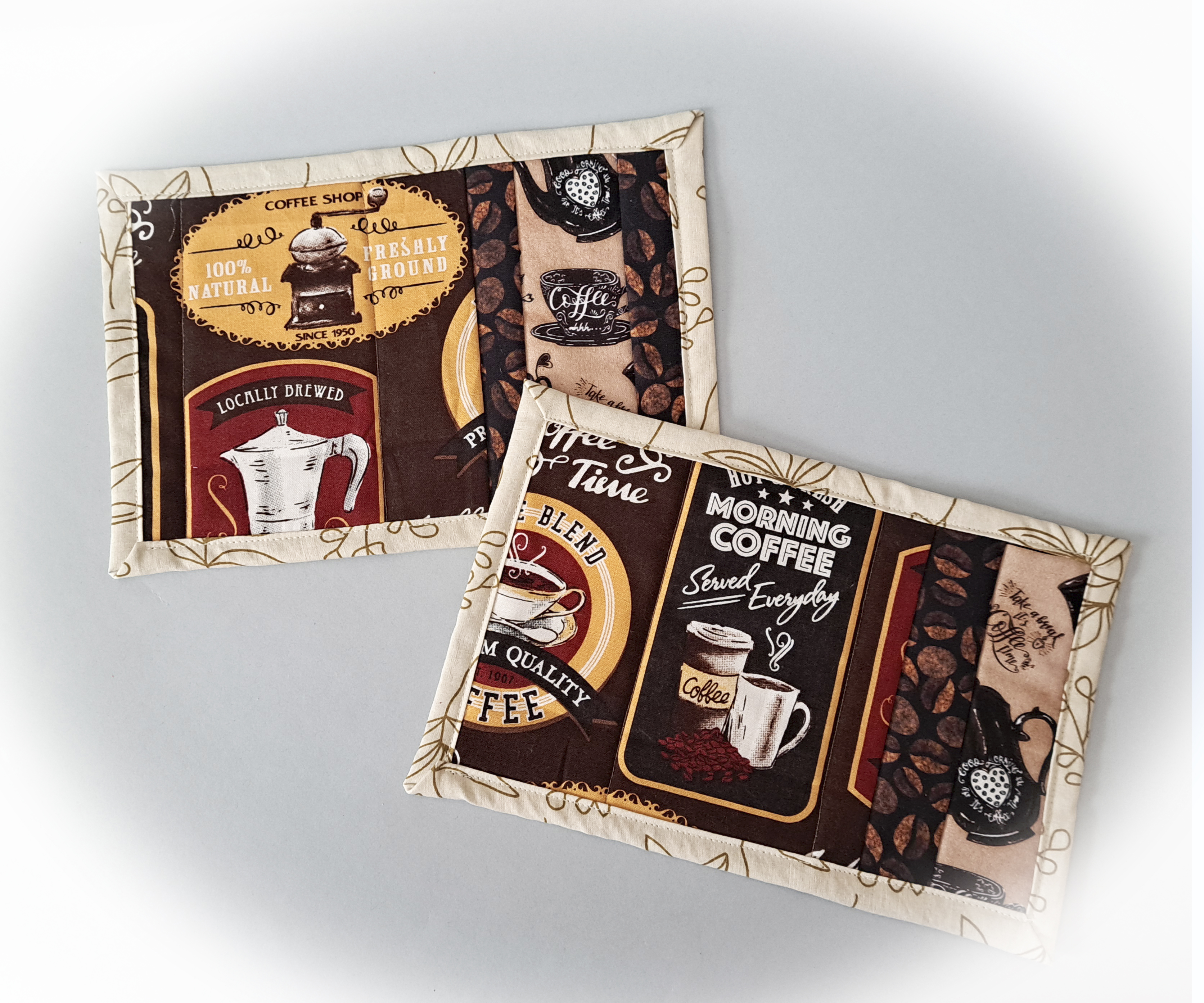 Handmade Quilted Fabric Coffee Shop Themed Mug Rugs - Set of 2