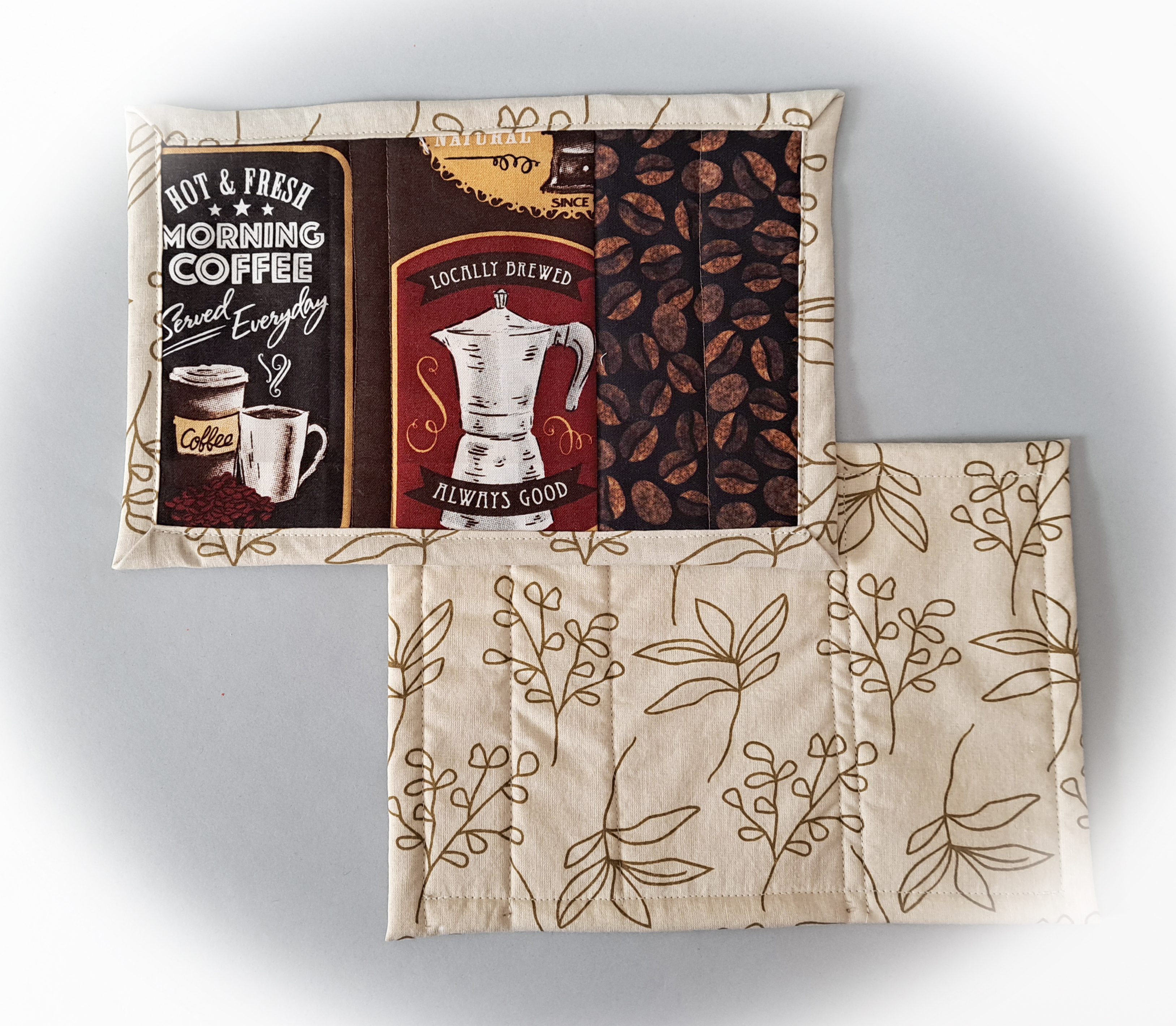 Handmade Quilted Fabric Locally Brewed Coffee Themed Mug Rugs - Set of 2
