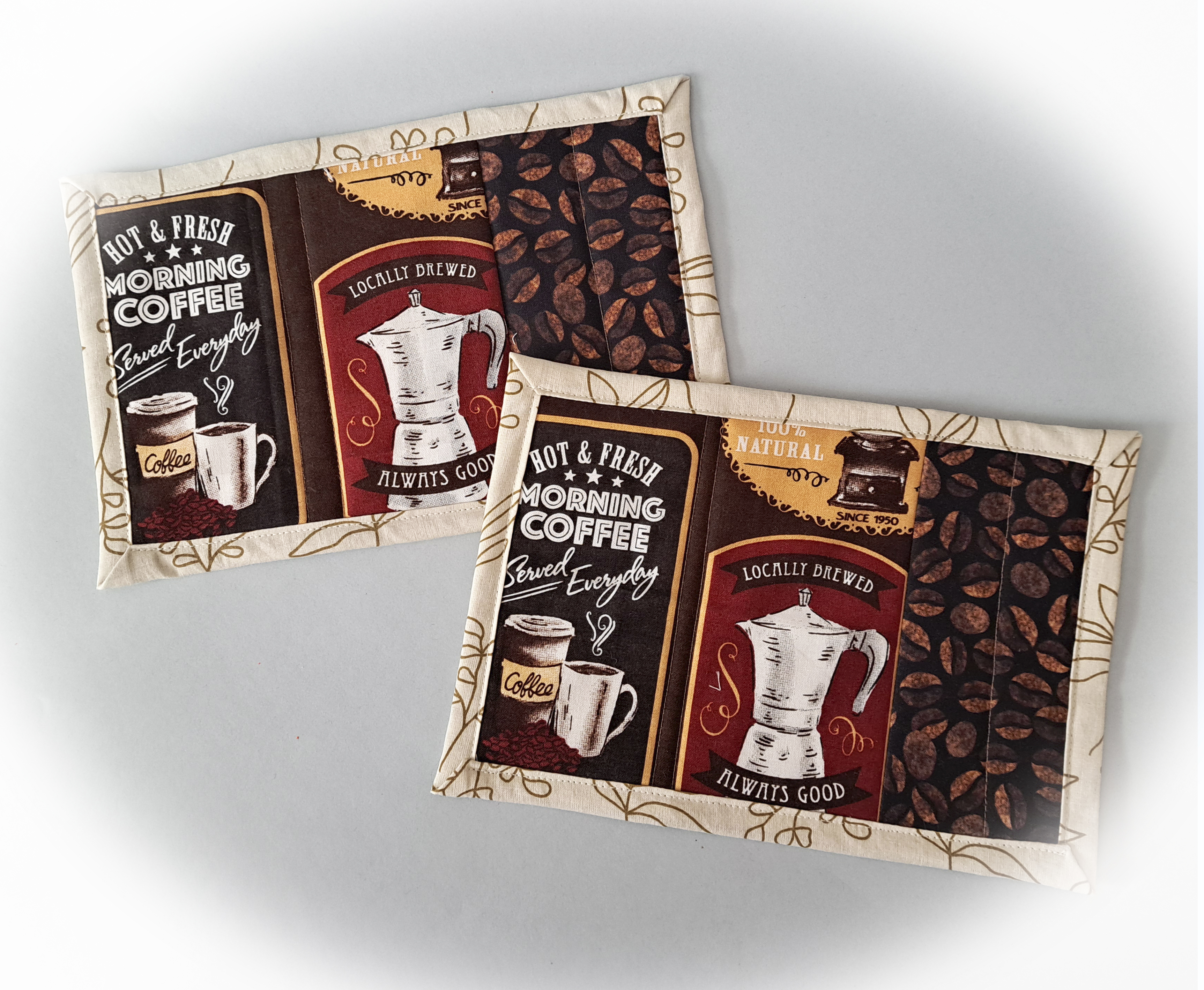 Handmade Quilted Fabric Locally Brewed Coffee Themed Mug Rugs - Set of 2