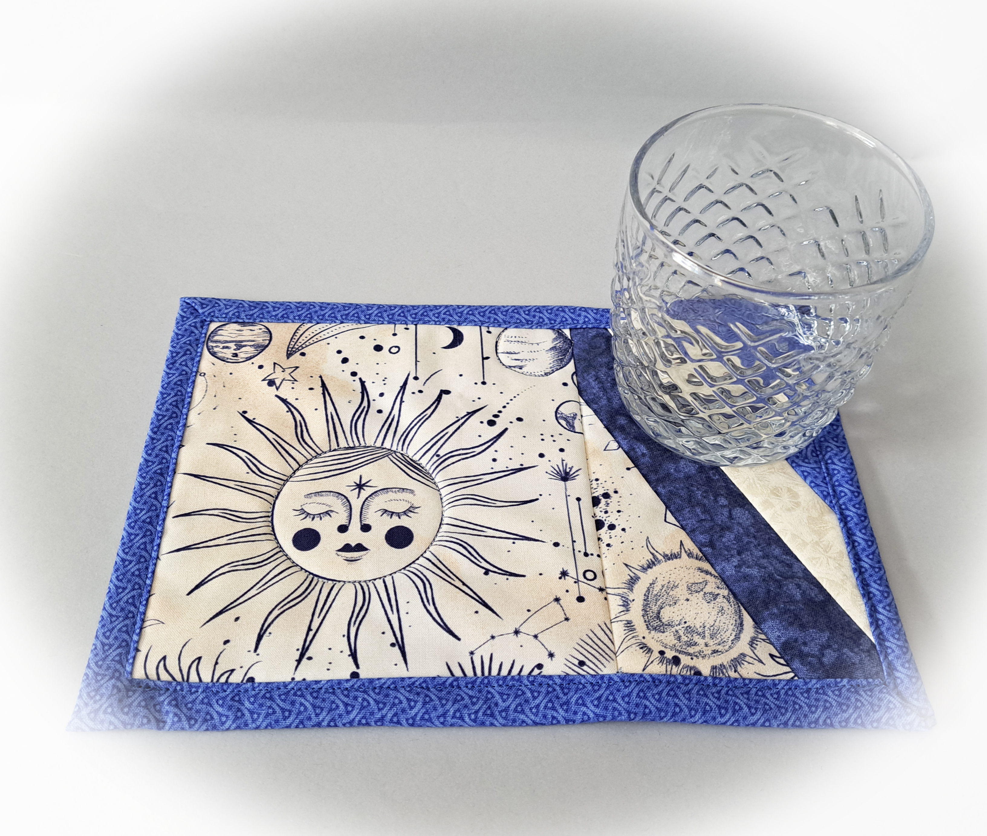 Handmade Sun and Moon Quilted Fabric Mug Rugs - Set of 2