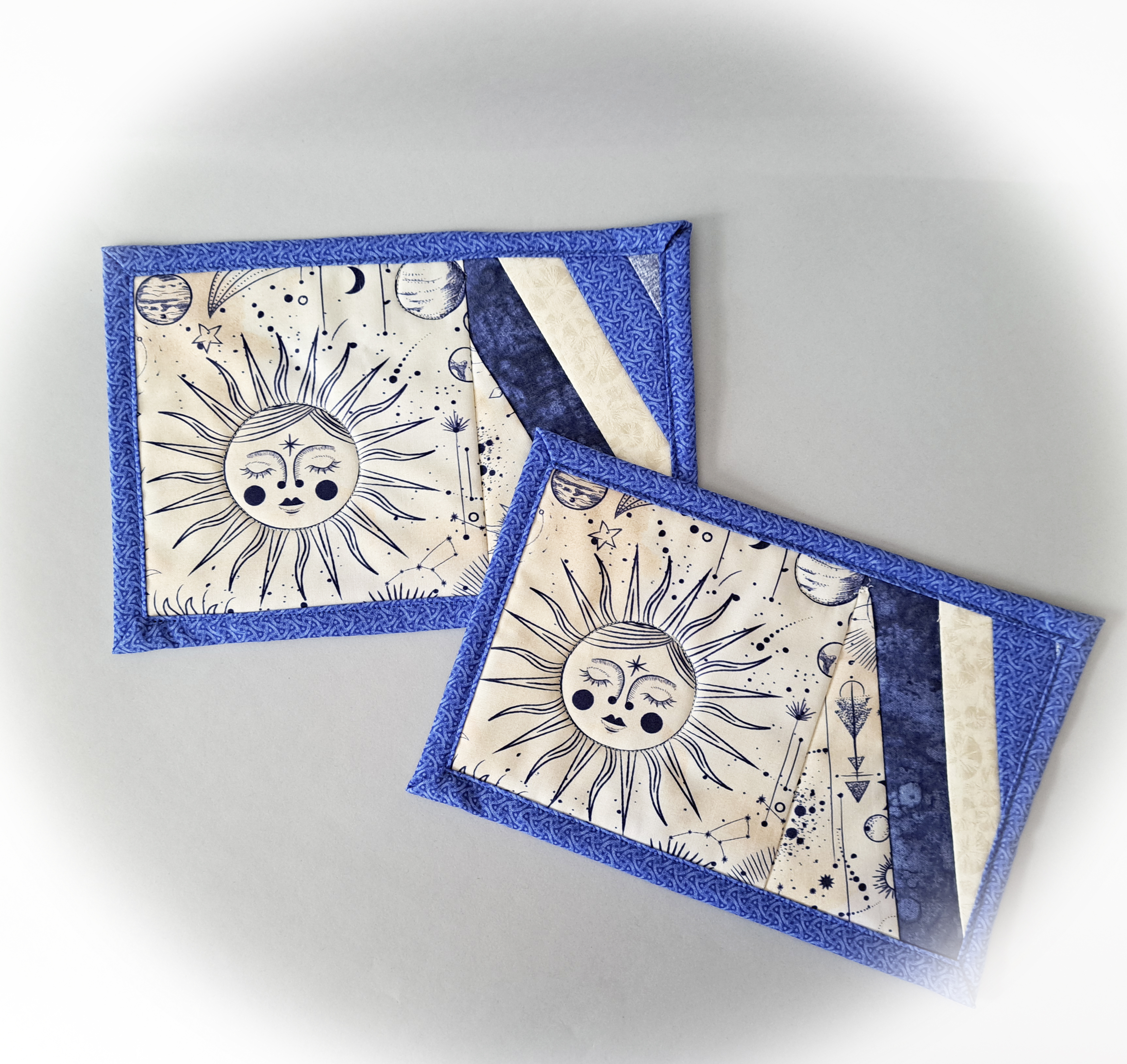 Handmade Sun and Moon Quilted Fabric Mug Rugs - Set of 2