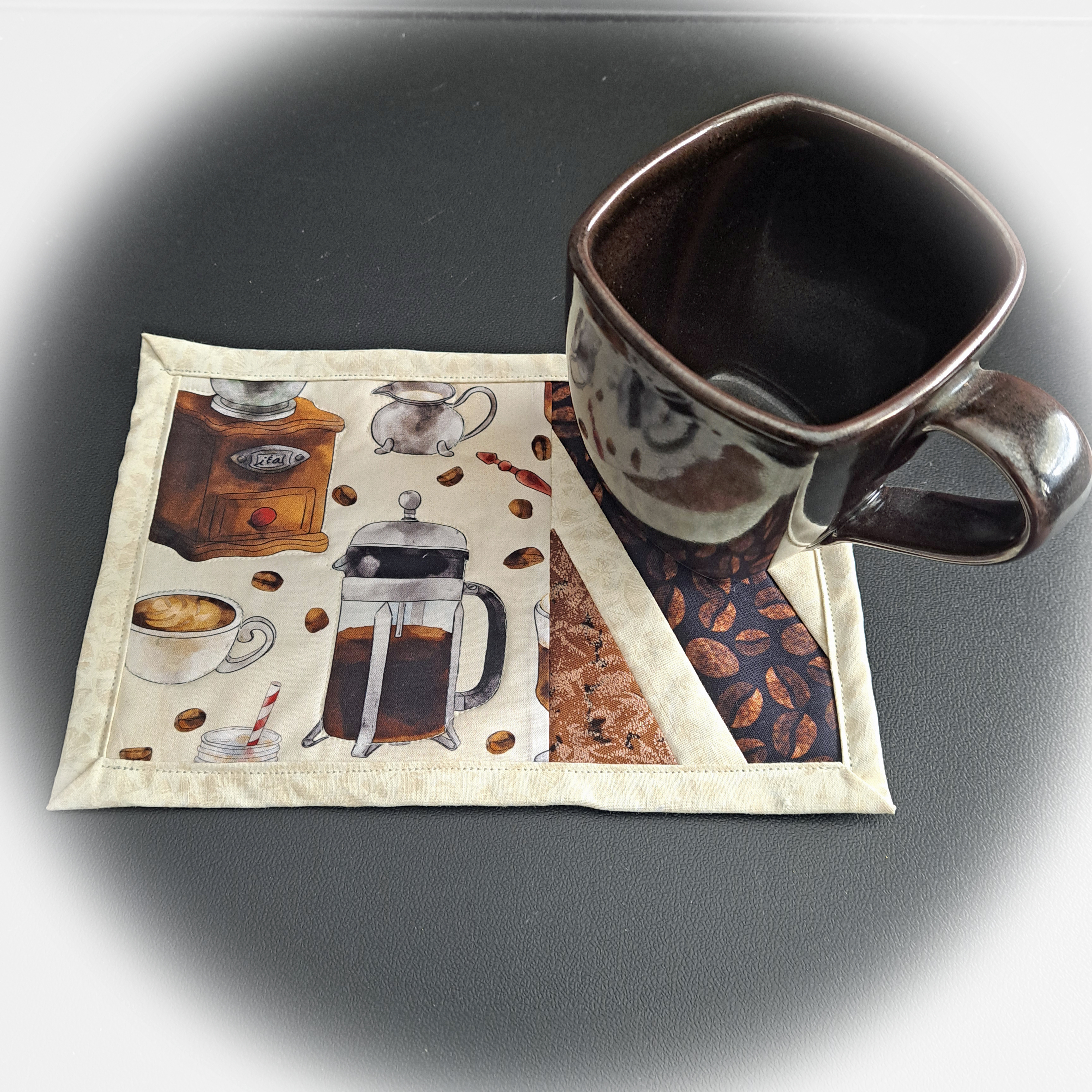 Handmade Quilted Fabric Coffee Press Themed Mug Rugs - Set of 2