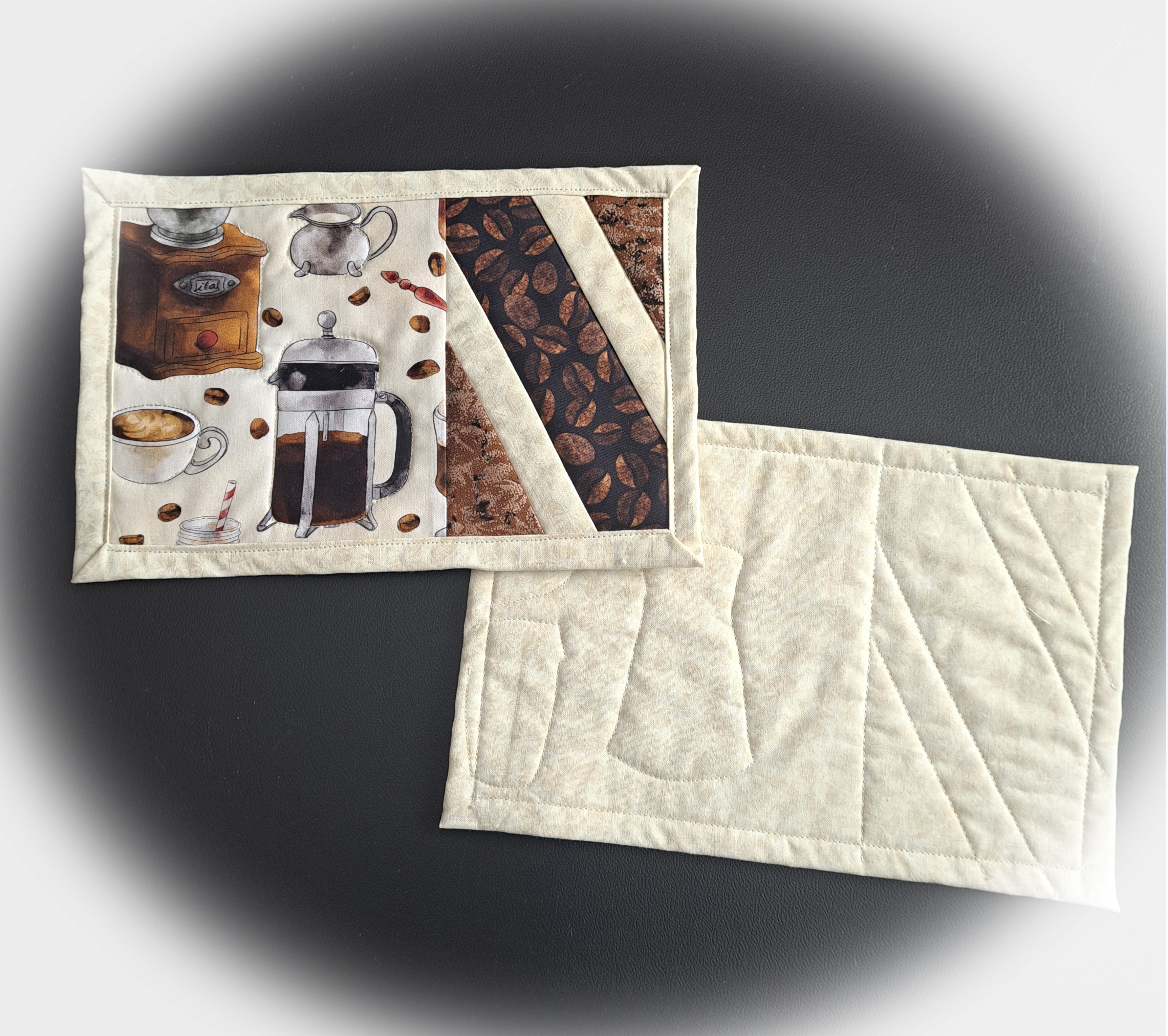 Handmade Quilted Fabric Coffee Press Themed Mug Rugs - Set of 2