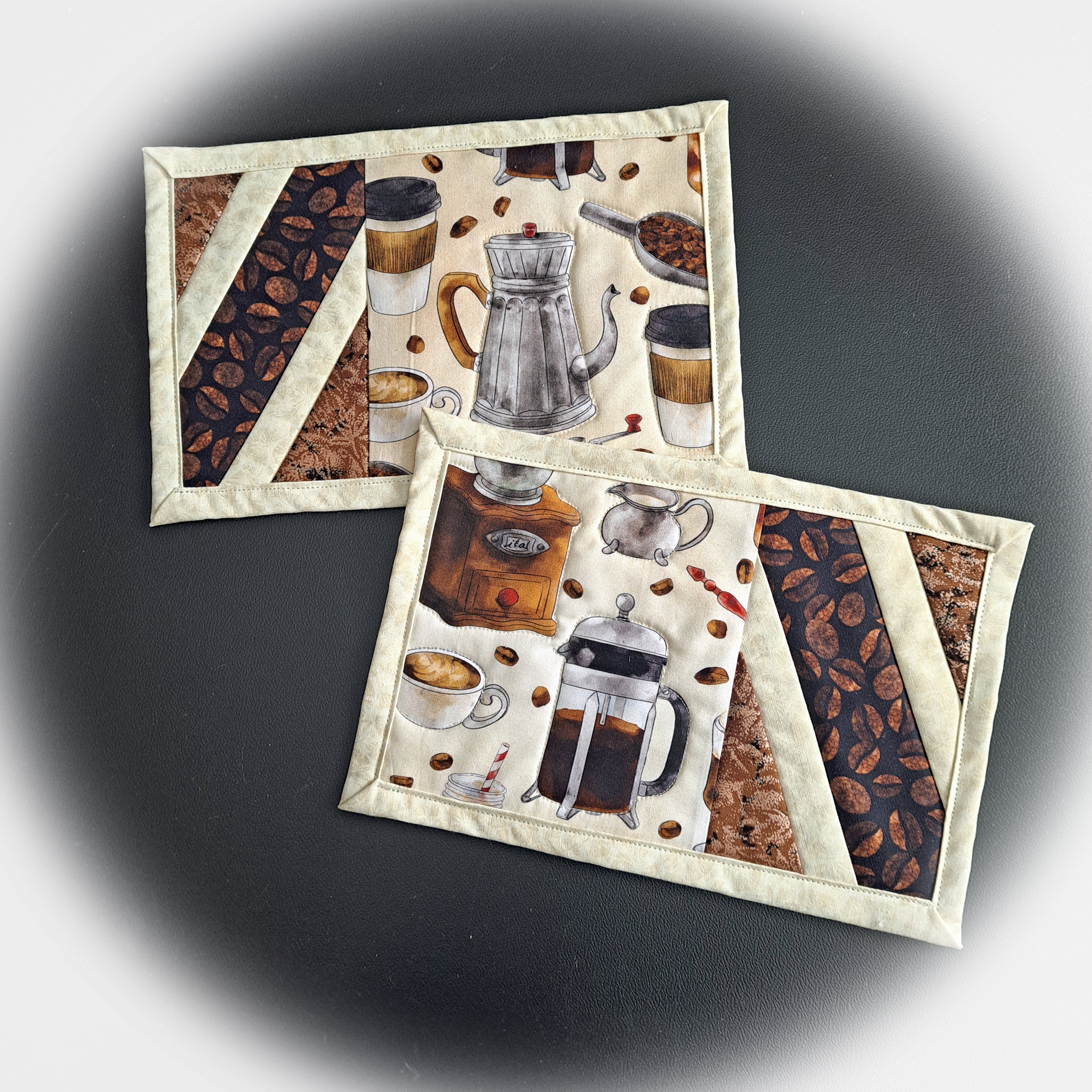 Handmade Quilted Fabric Coffee Press Themed Mug Rugs - Set of 2