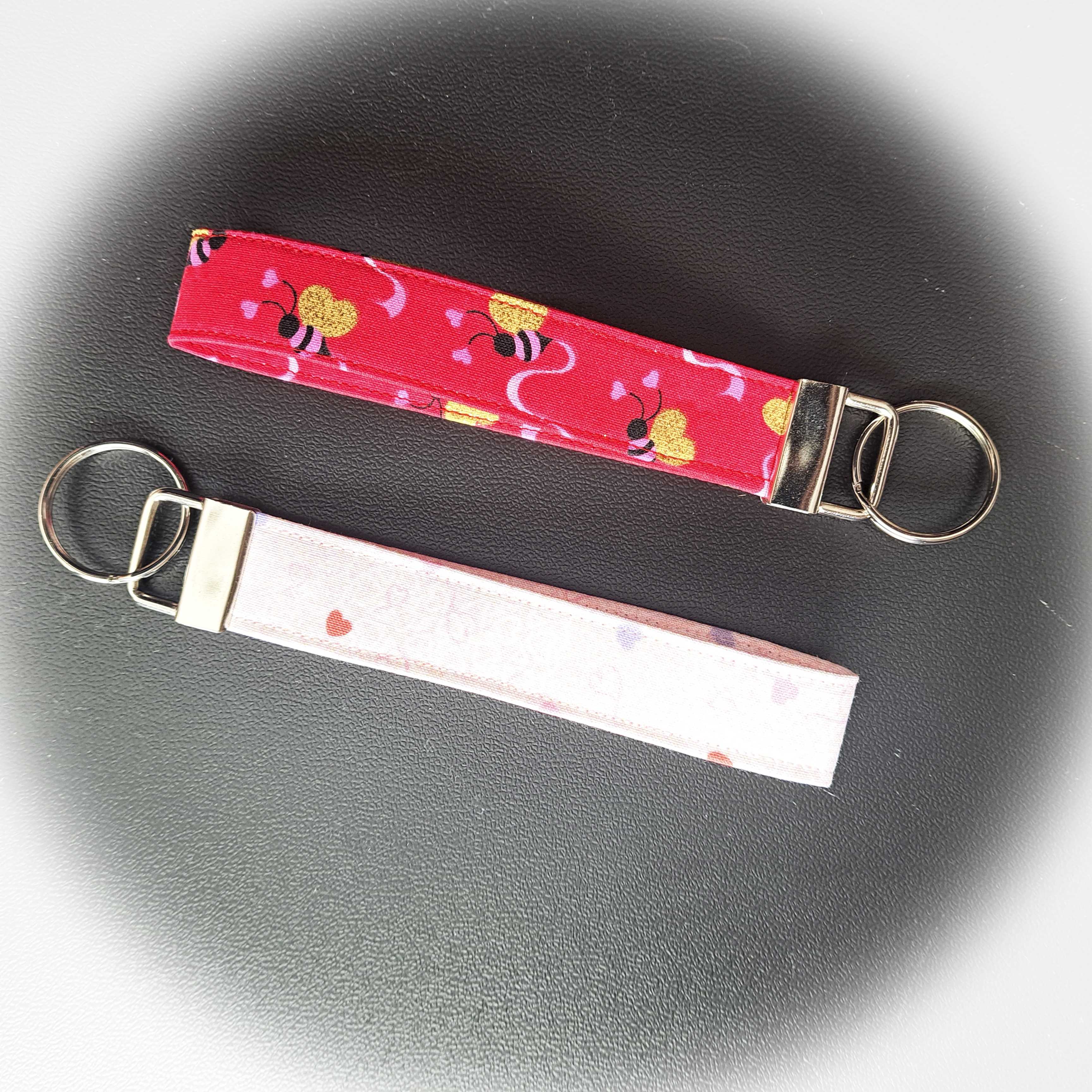 Handmade Fabric Wristlet Key Fobs - Pink Hearts or Bees with Heart Wings