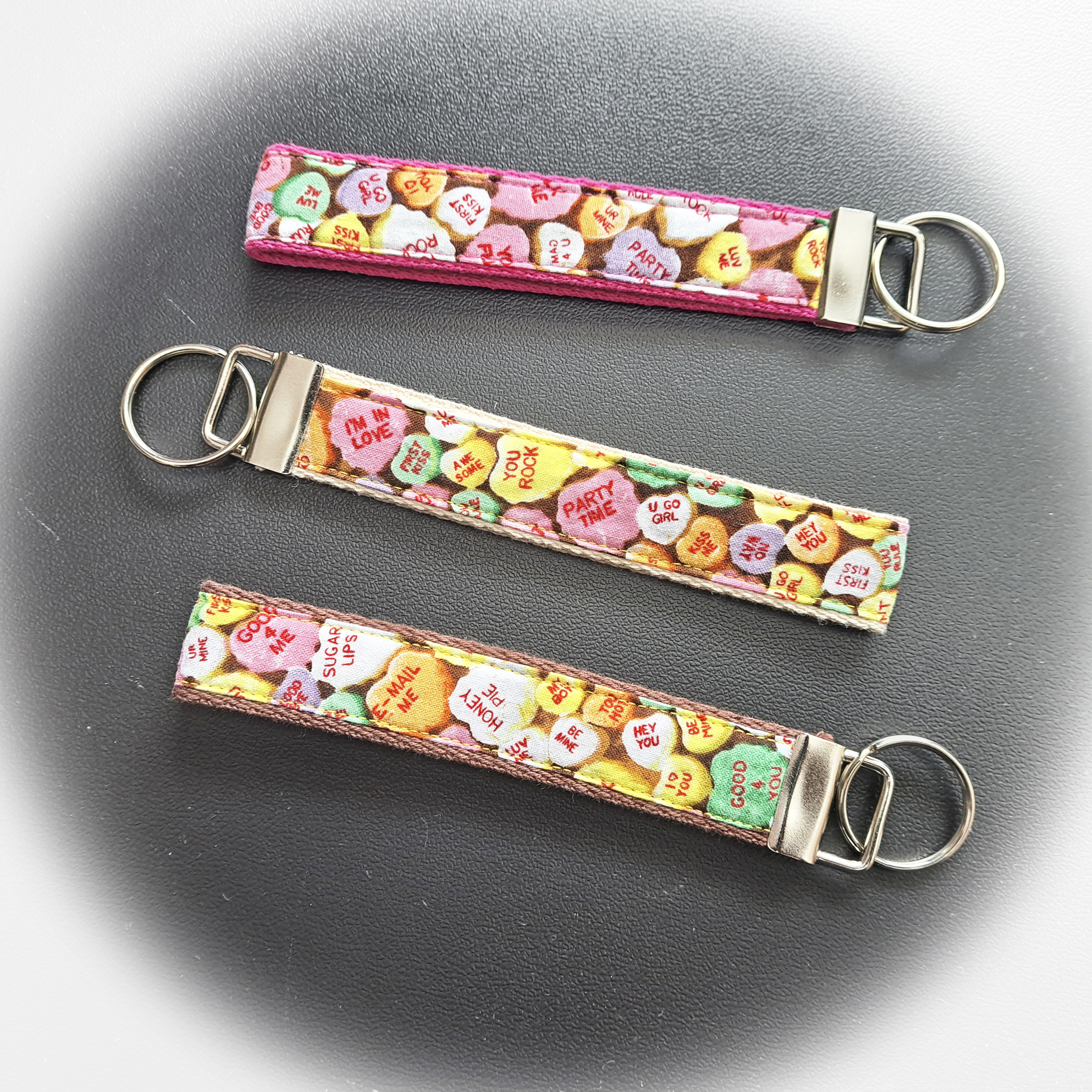 Handmade Fabric Wristlet Key Fobs Featuring Conversation Hearts