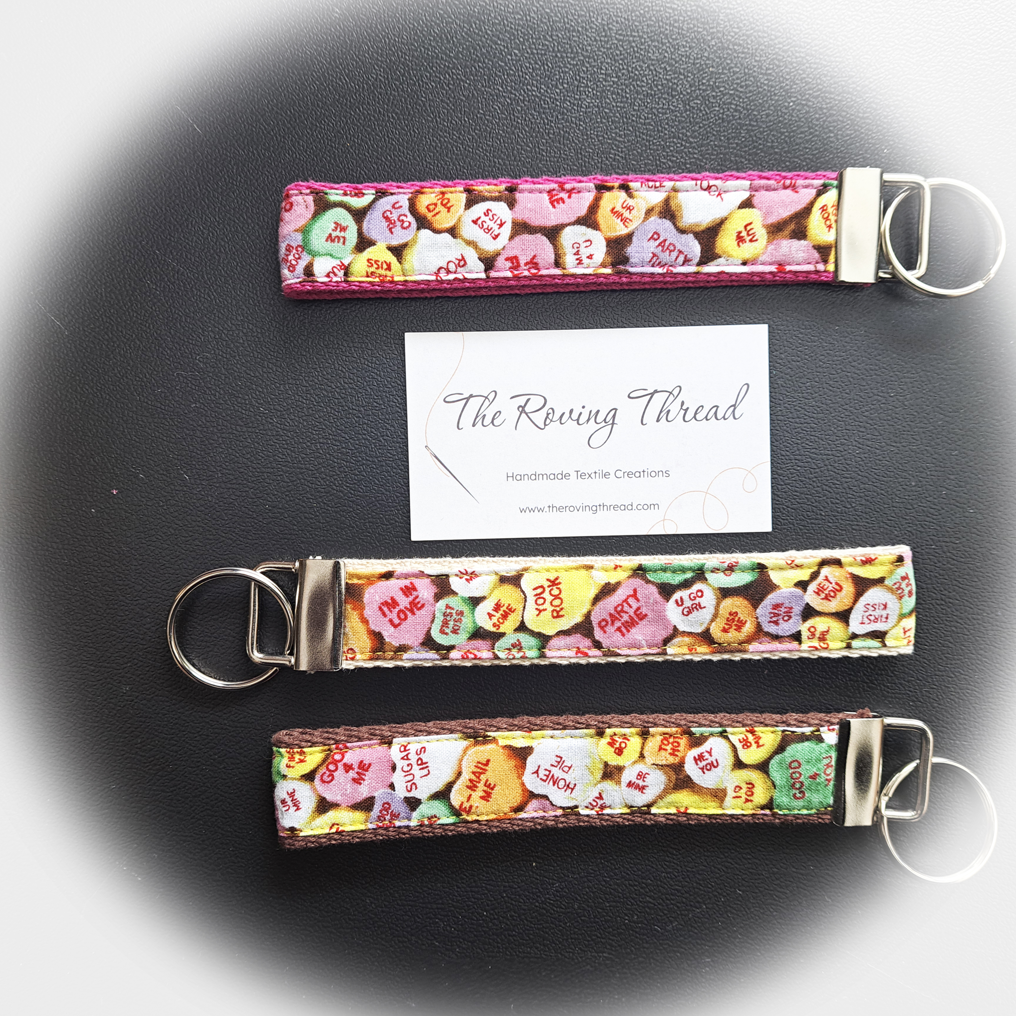 Handmade Fabric Wristlet Key Fobs Featuring Conversation Hearts
