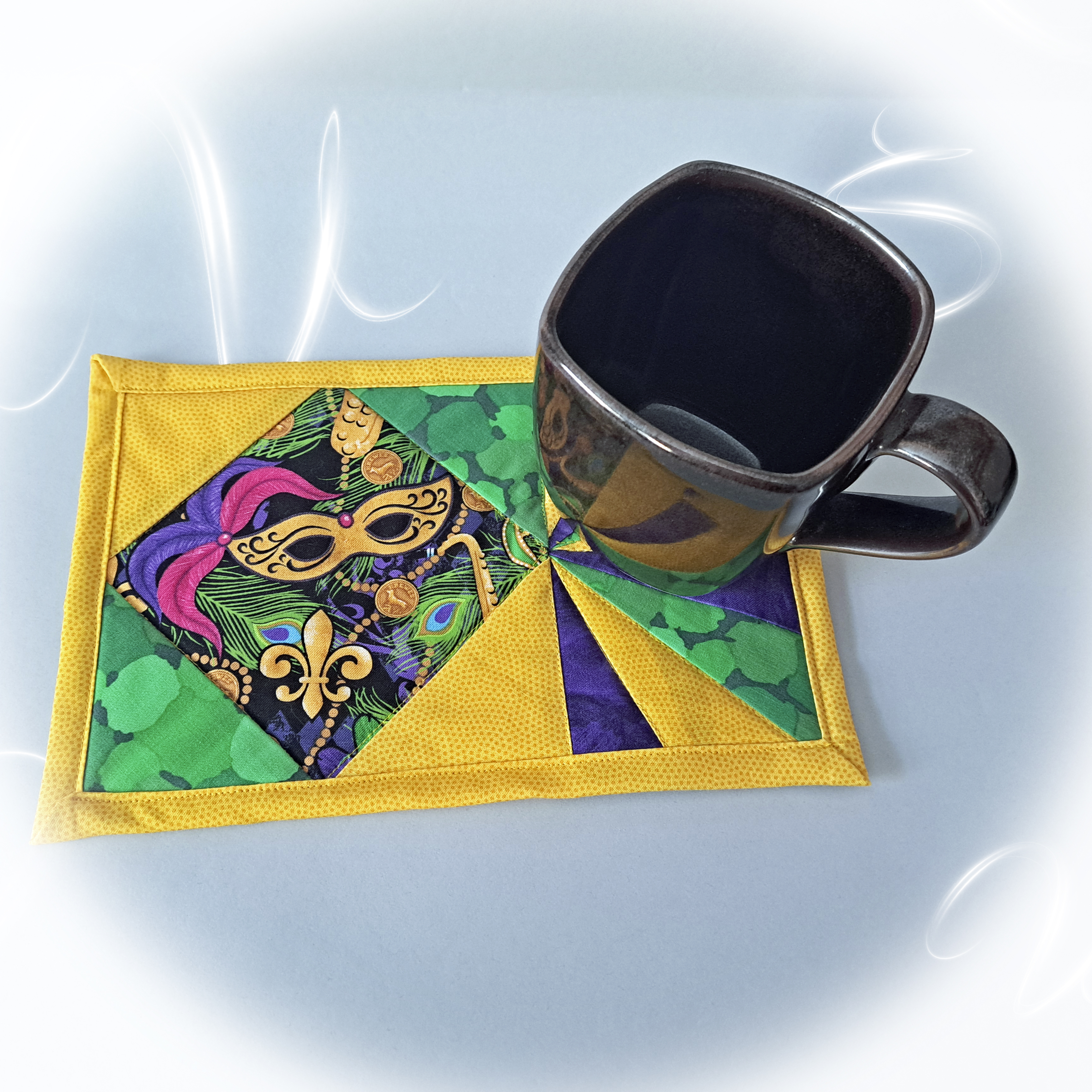 Handmade Quilted Fabric Mardi Gras Mug Rugs - Set of 2