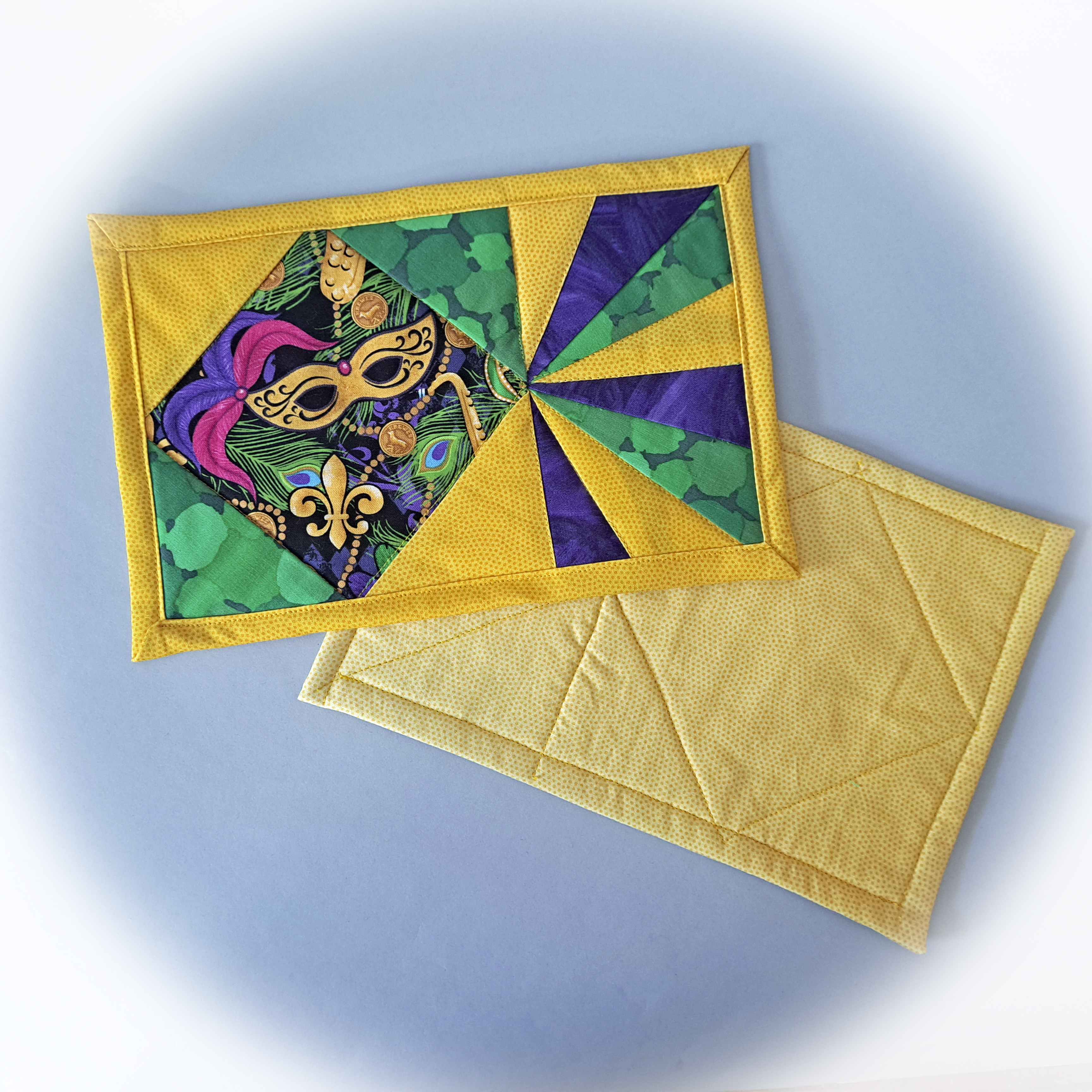Handmade Quilted Fabric Mardi Gras Mug Rugs - Set of 2