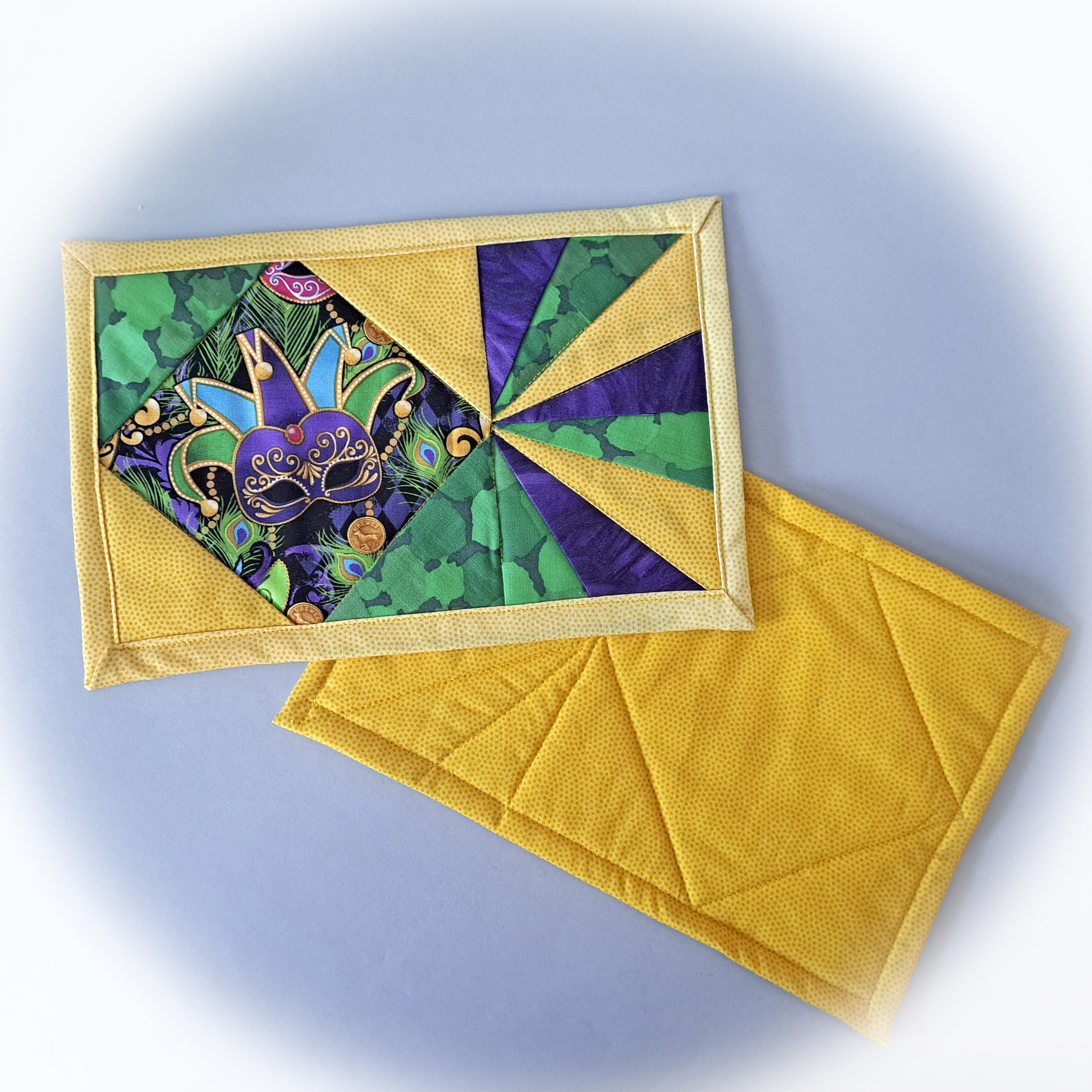 Handmade Quilted Fabric Mardi Gras Mug Rugs - Set of 2