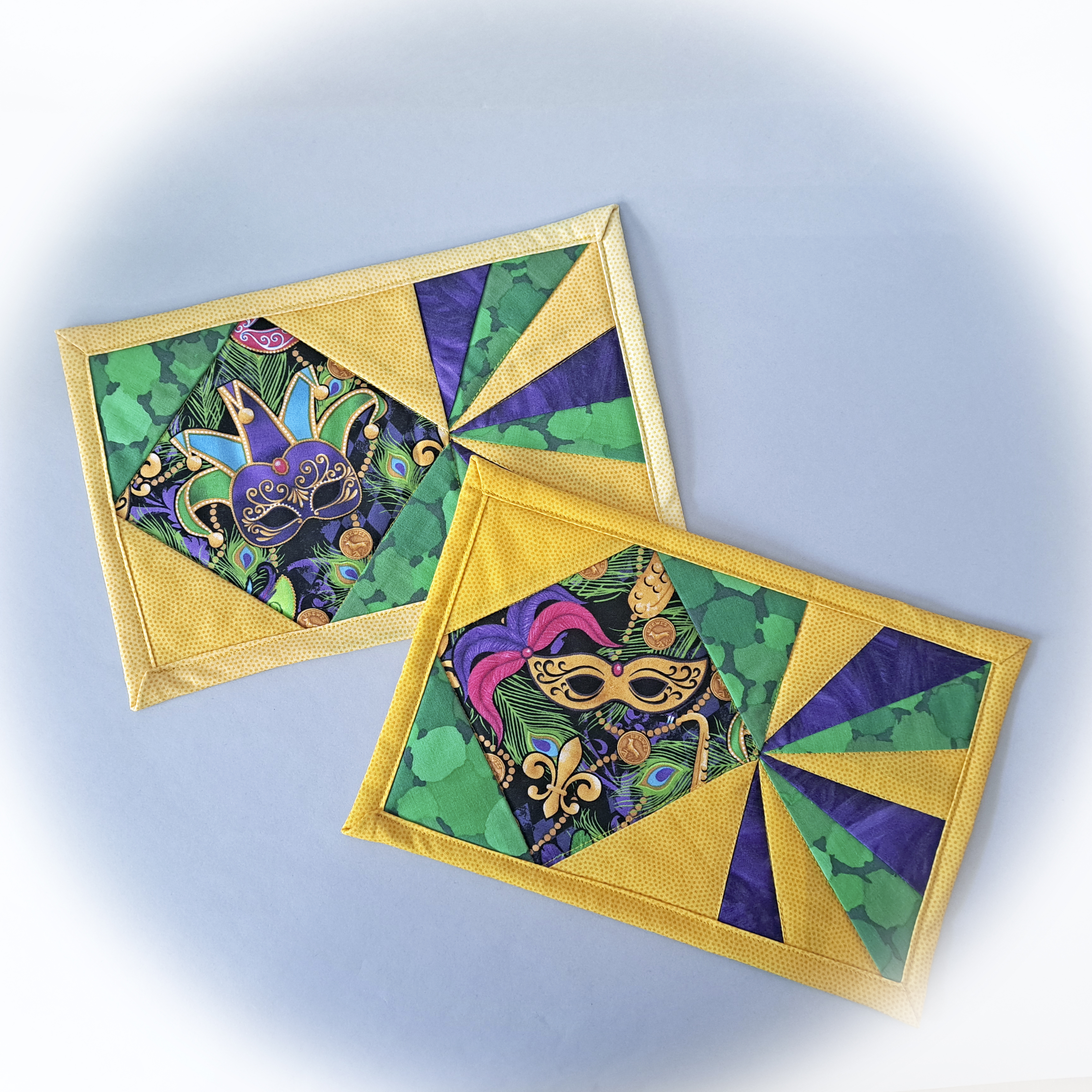 Handmade Quilted Fabric Mardi Gras Mug Rugs - Set of 2