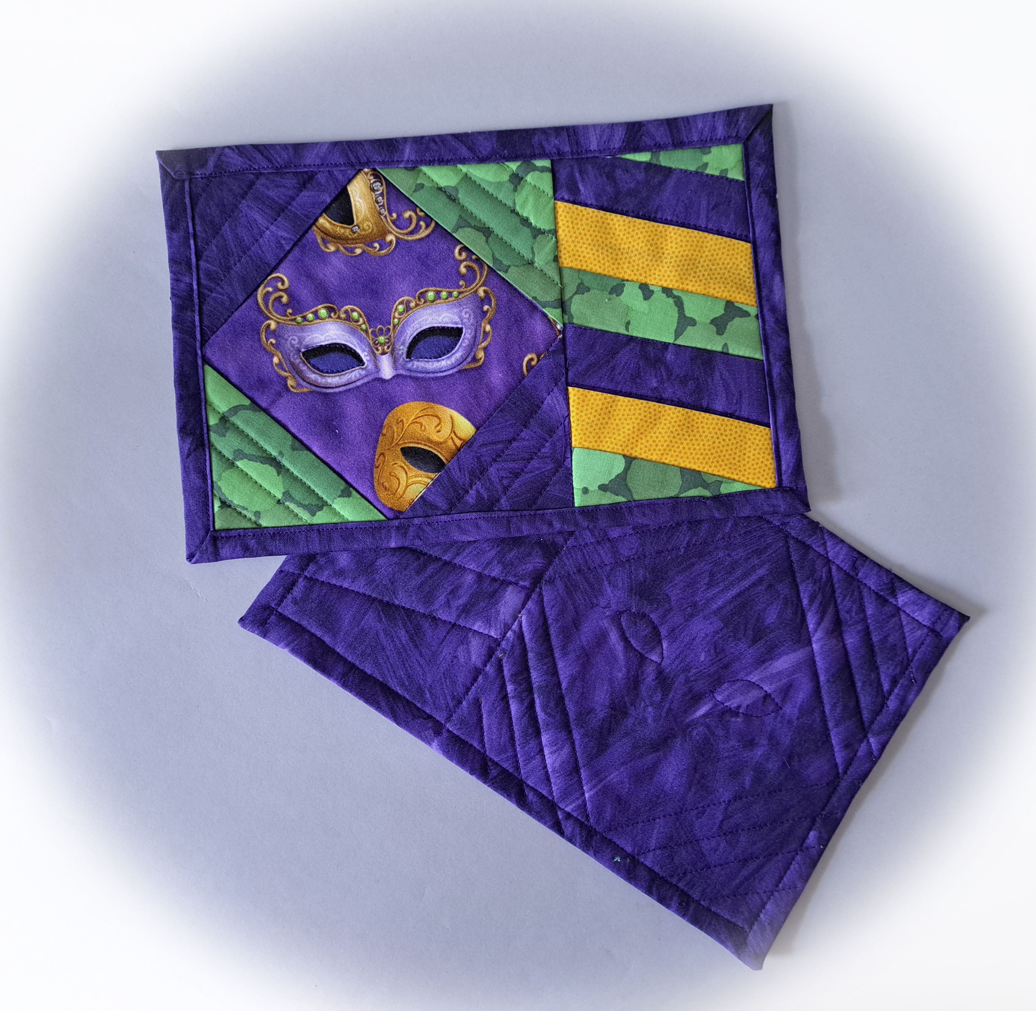 Handmade Quilted Fabric Mardi Gras Mug Rugs - Set of 2