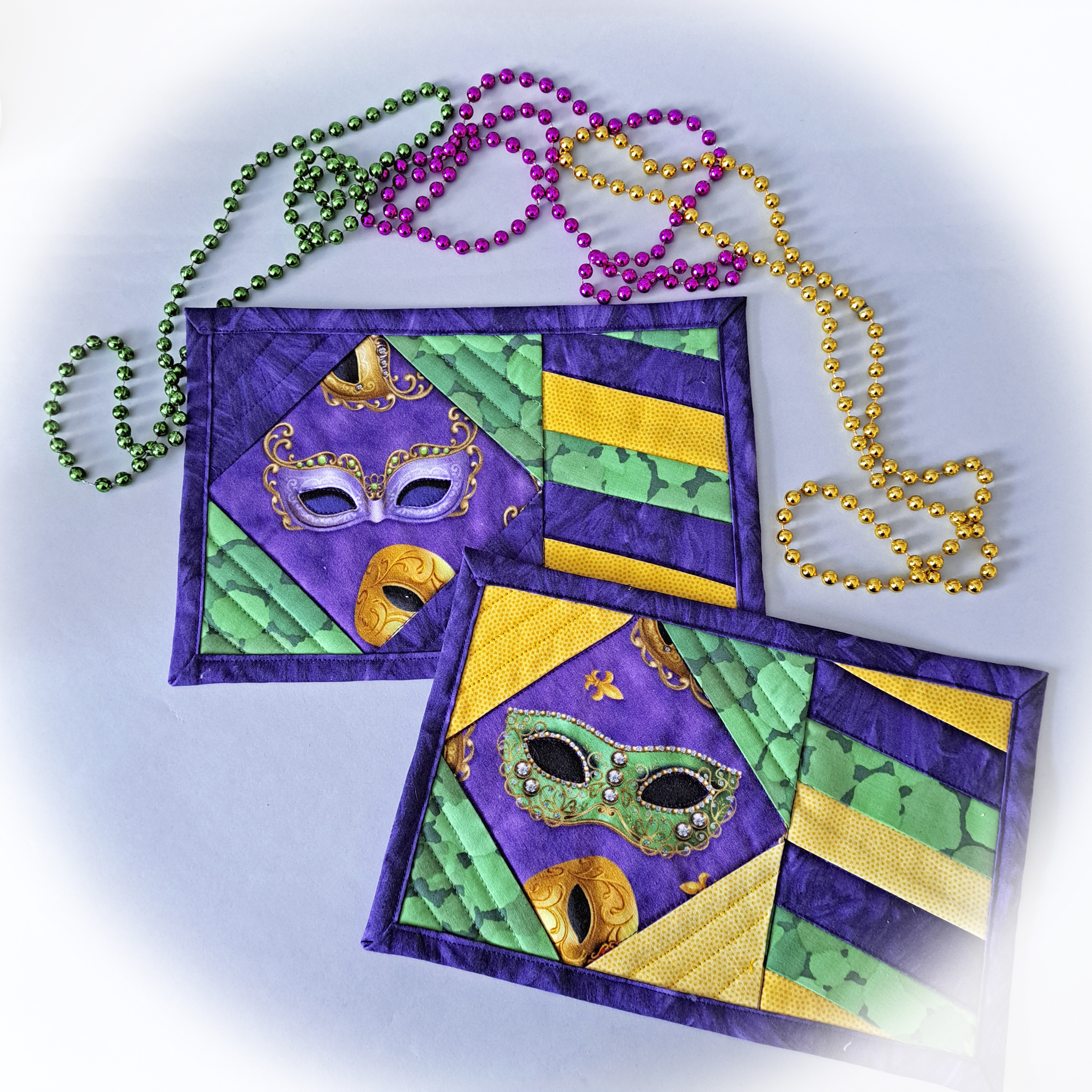 Handmade Quilted Fabric Mardi Gras Mug Rugs - Set of 2