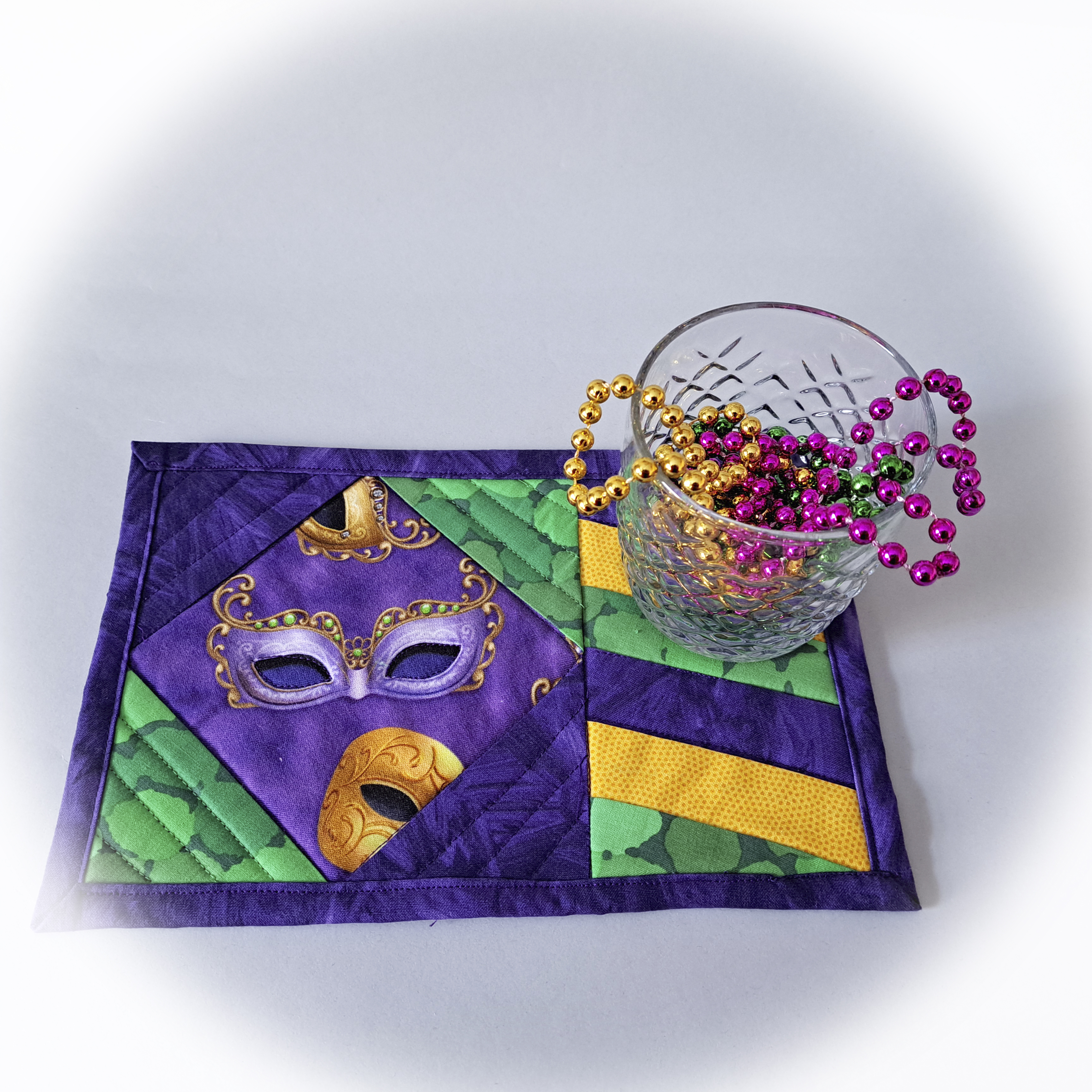 Handmade Quilted Fabric Mardi Gras Mug Rugs - Set of 2