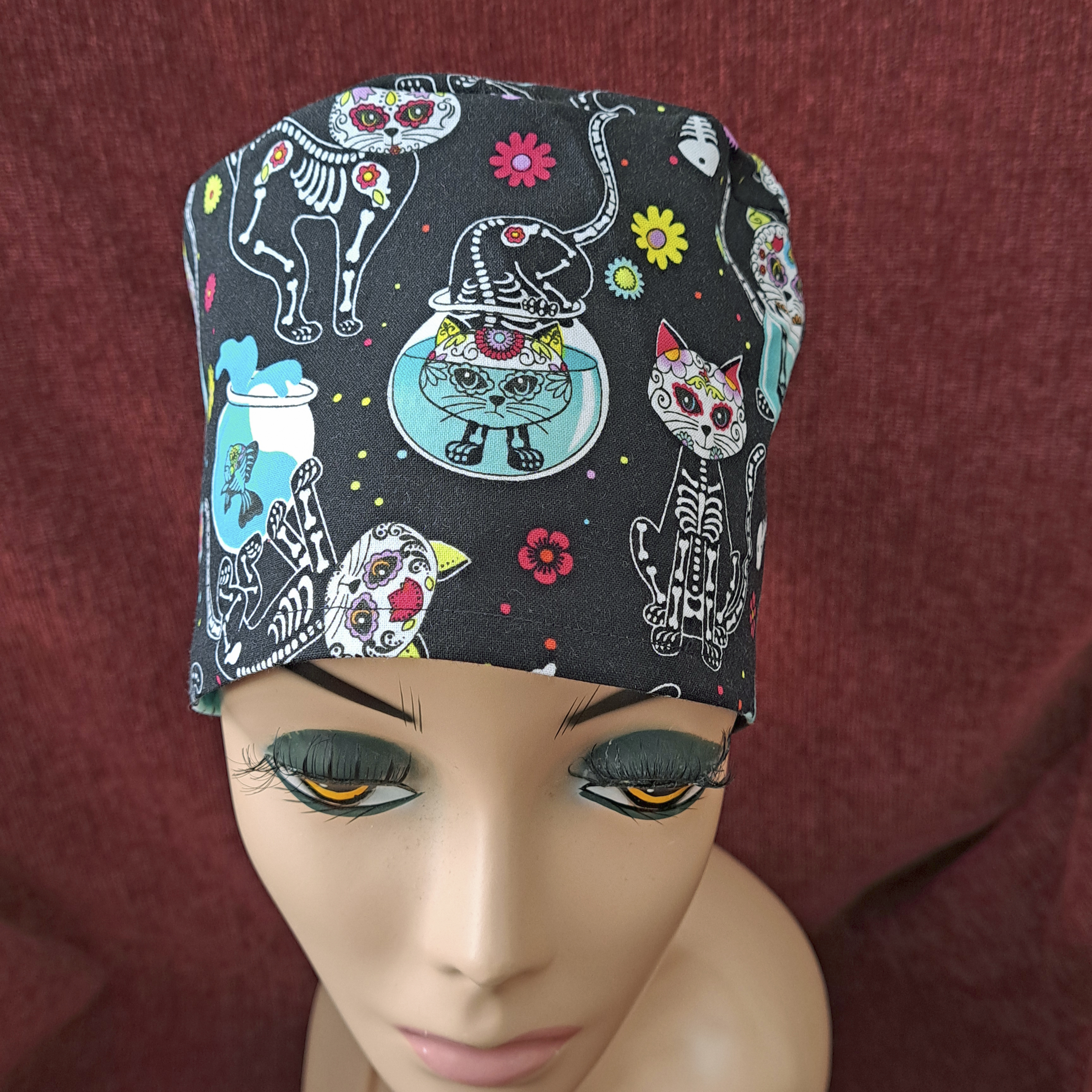 Handmade Day of the Dead Cats Scrub Cap
